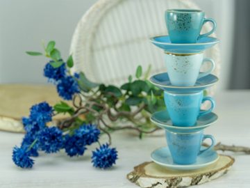 CreaTable Espressotasse Kaffeetasse NATURE COLLECTION Aqua, Steinzeug, Tassen Set, aktuelle Blautöne mit Sprenkel, 4 Tassen, 4 Untertassen