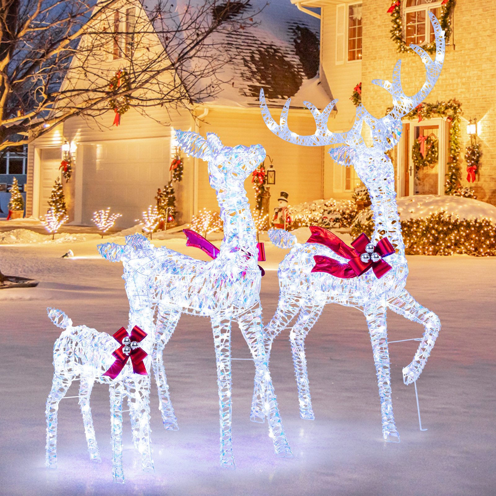 COSTWAY Weihnachtsfigur 3-tlg. LED Rentier Familie, Weihnachtsdeko mit 215 Lichtern