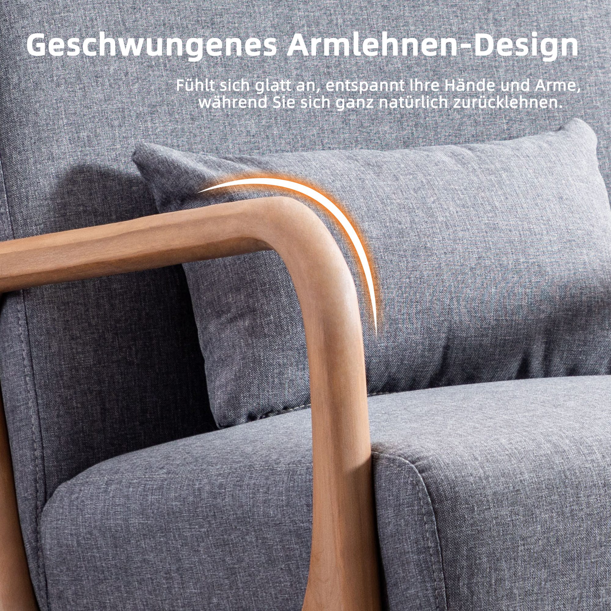CANMOV Relaxsessel Accent Sessel mit Kissen, Loungesessel mit Armlehnen, Einzelsessel (1-St), Natürliches Holz, Liegestuhl mit Armlehne und Kissen, für Wohnzimm – Bild 4 von 5
