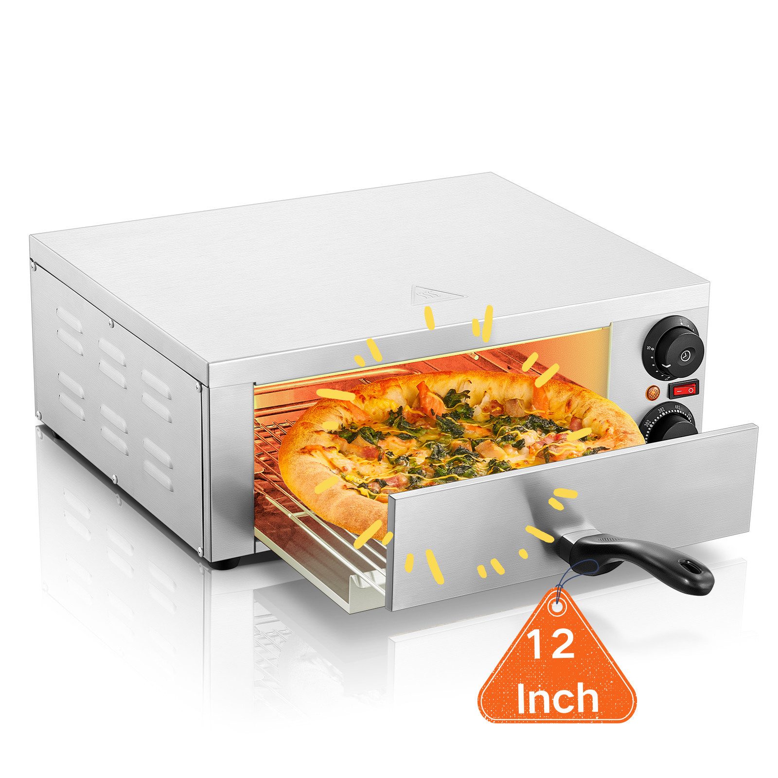 FOHERE Pizzaofen Elektrischer Pizzaofen, 12 Inch, 1800W Edelstahl Pizzabackofen, 350 °C, 3-Min-Schnellbackzeit