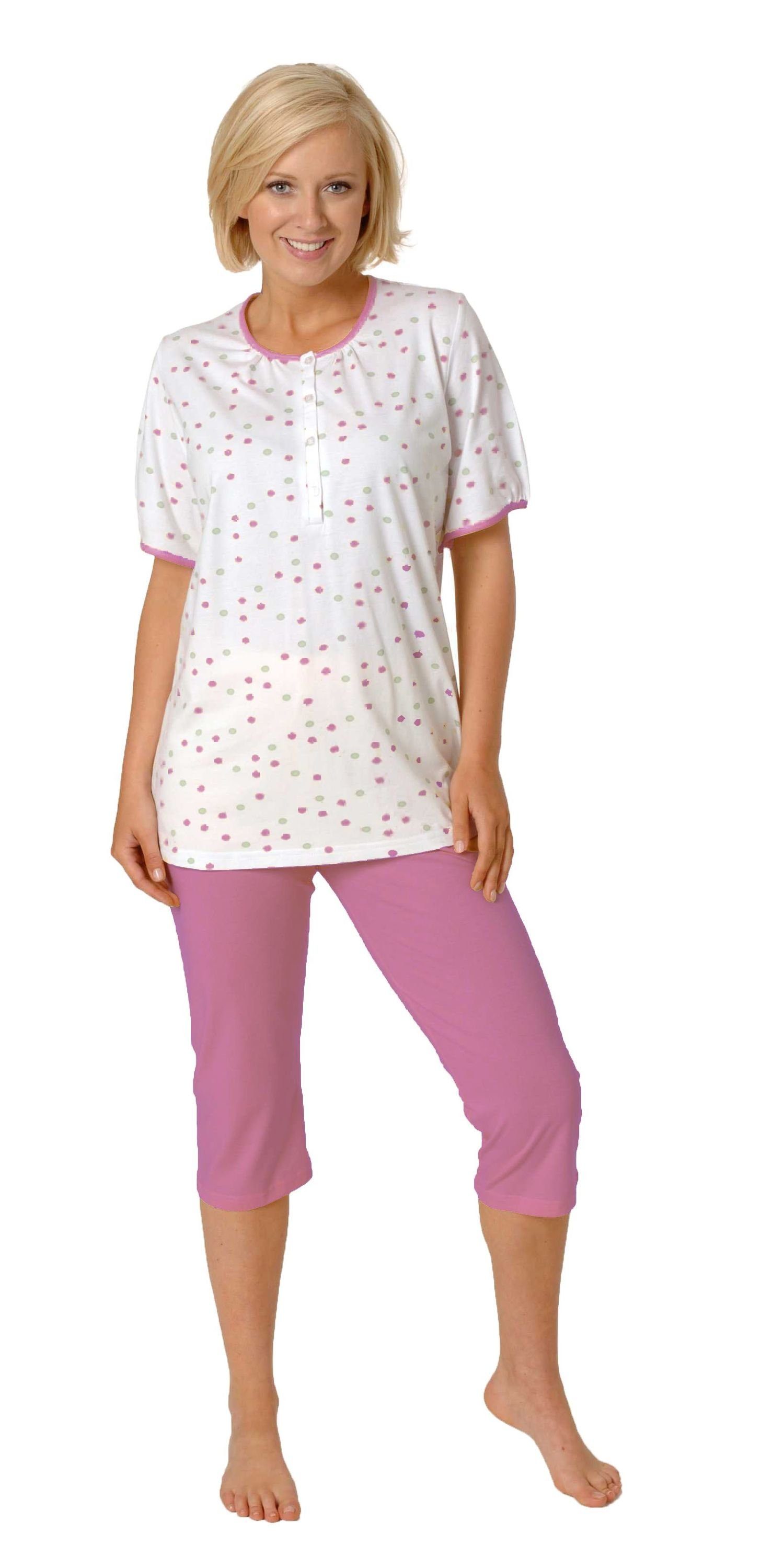 kurzarm Normann Capri Pyjama mit Übergrössen Damen Knopfleiste Schlafanzug, pink