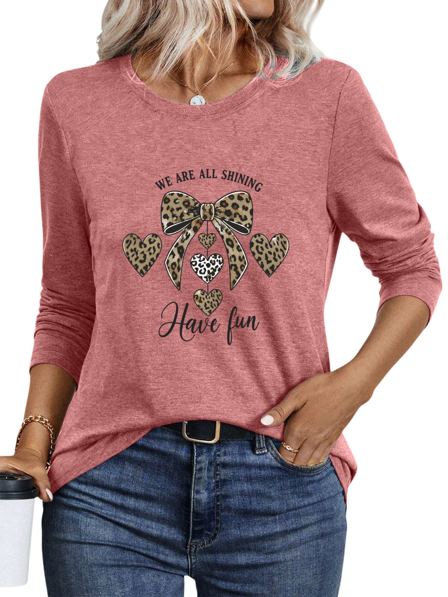 PYLIKE Langarmshirt Bequemes Shirt Damen Langarm Herbst Basic-Shirt mit ausgefallene Print Geeignet für den täglichen Gebrauch im Büro und …