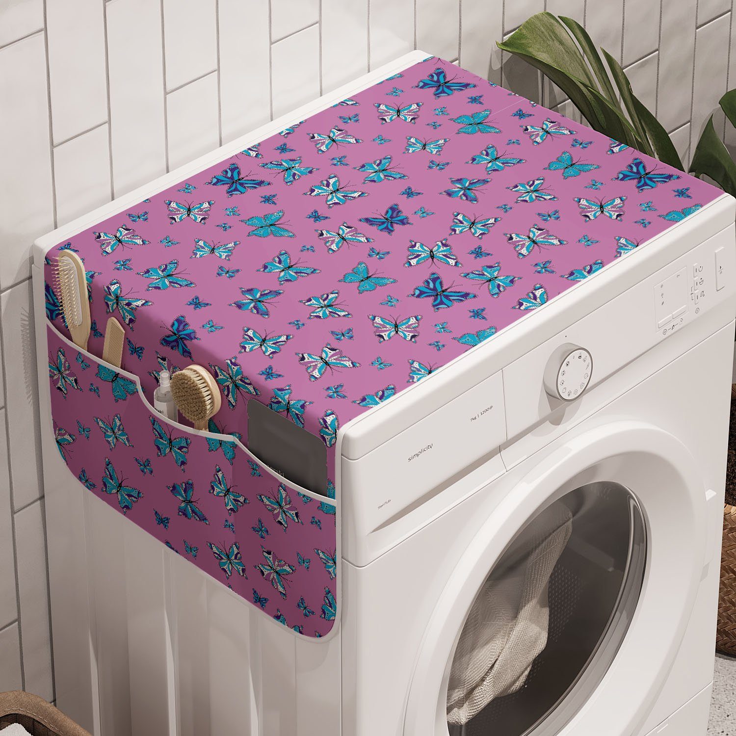 Anti-Rutsch-Stoffabdeckung Pink Trockner, Waschmaschine für Und Blau Badorganizer und Schmetterlinge Abakuhaus
