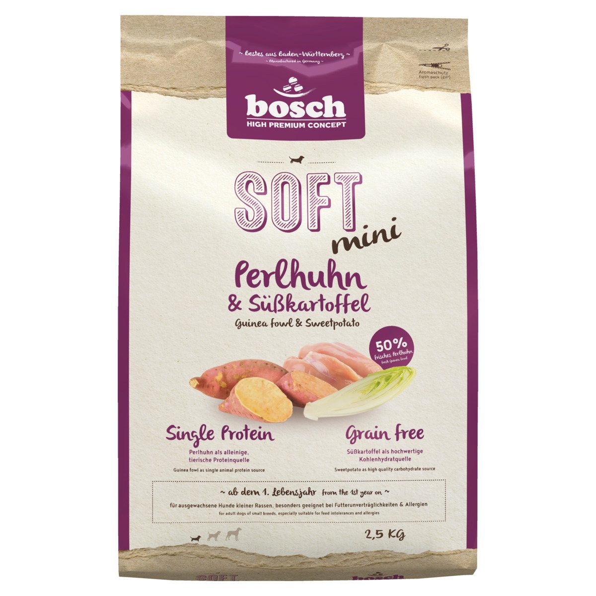 Bosch Petfood SOFT Mini mit Perlhuhn & Kartoffel 2,5 kg, Trockenfutter für: Hund