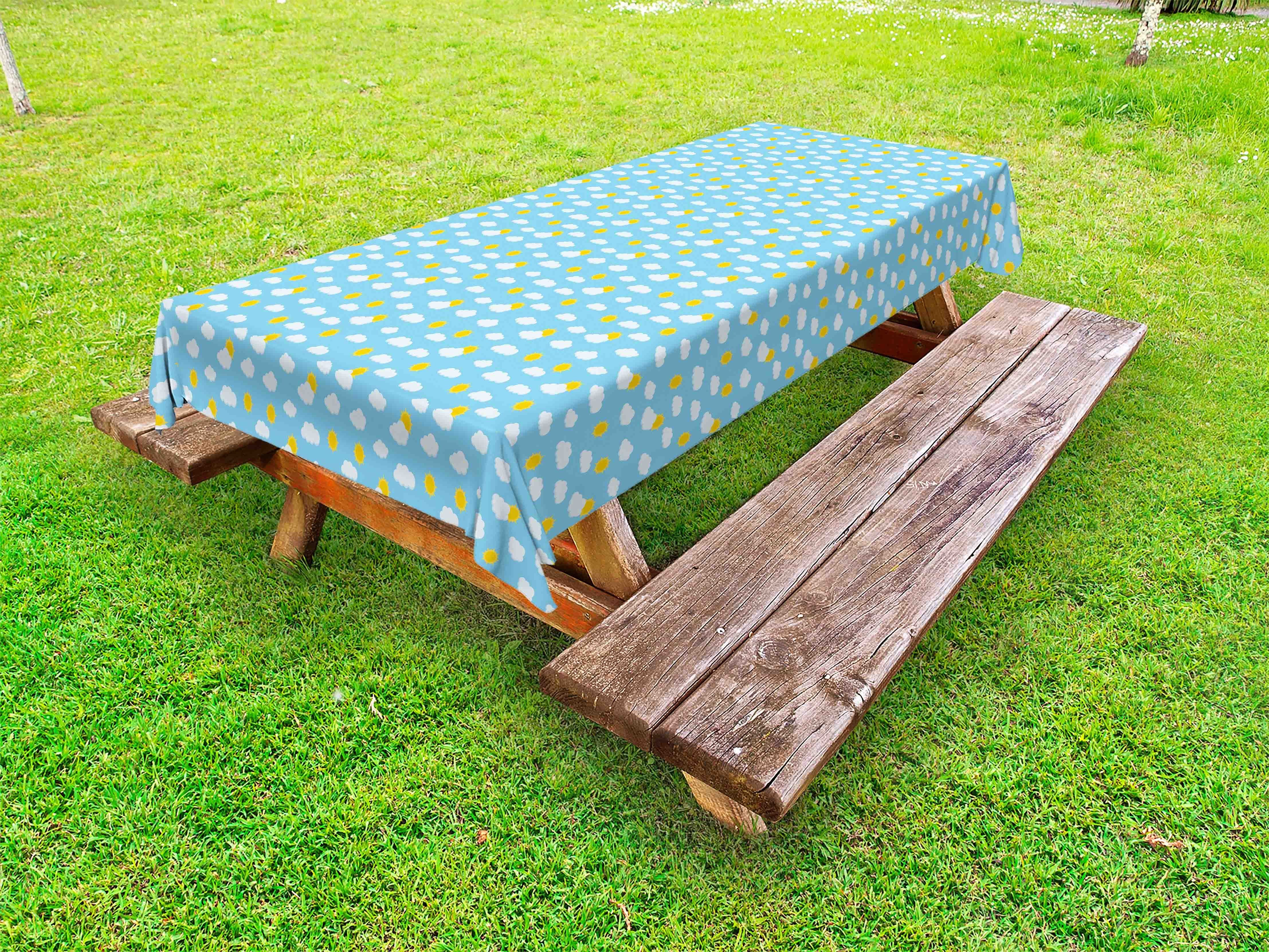 Abakuhaus Tischdecke dekorative waschbare Picknick-Tischdecke, Himmel Tagsüber Wolken und Sonne Szene