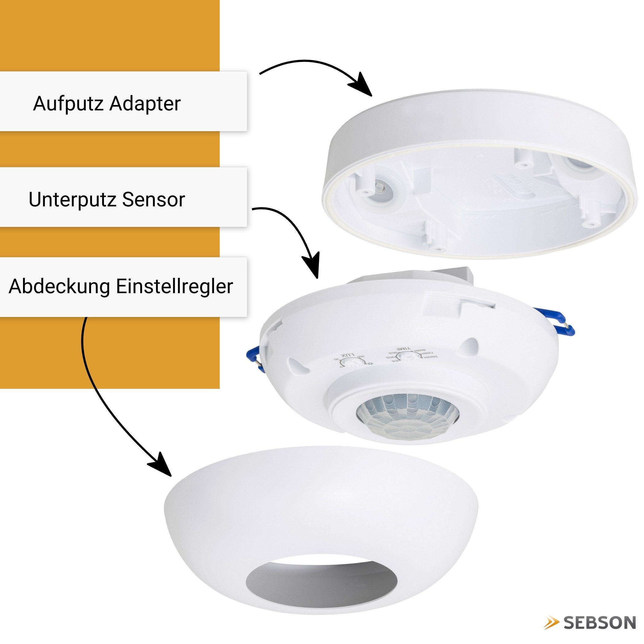 SEBSON Bewegungsmelder Infrarot Sensor Aufputz Unterputz Decke - Reichweite 8m 360° Winkel, (1-St), Aufputz Adapter, programmierbar, LED geeignet bis 1000W, 3 Draht