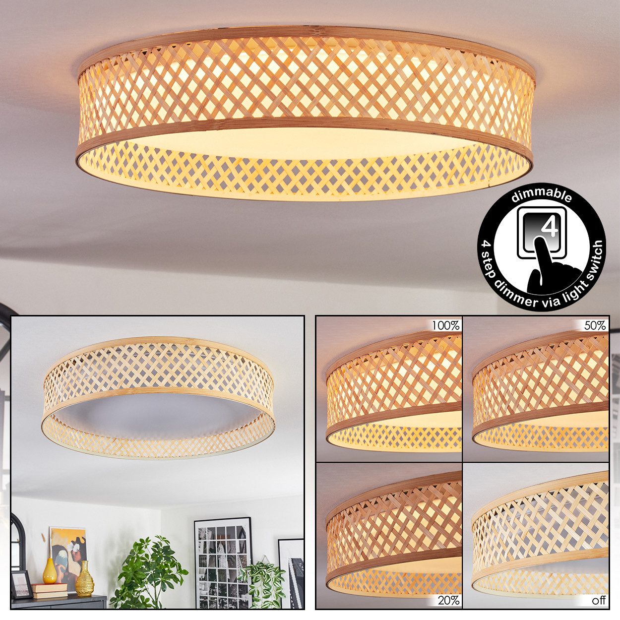 hofstein Deckenleuchte Deckenlampe dimmbar aus Metall/Bambus/Kunststoff günstig online kaufen