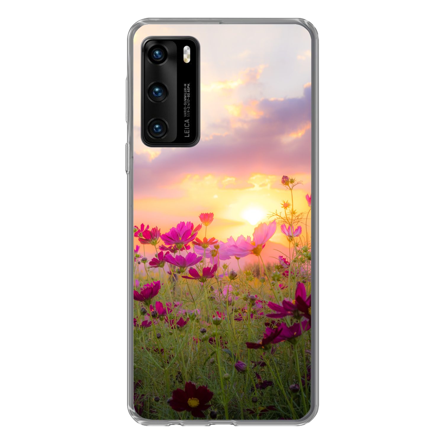MuchoWow Handyhülle für Huawei P40 Blumen - Rosa - Sonnenuntergang - Natur - Wiese - Horiz, Handy Case, Silikon, Bumper Case Dünn