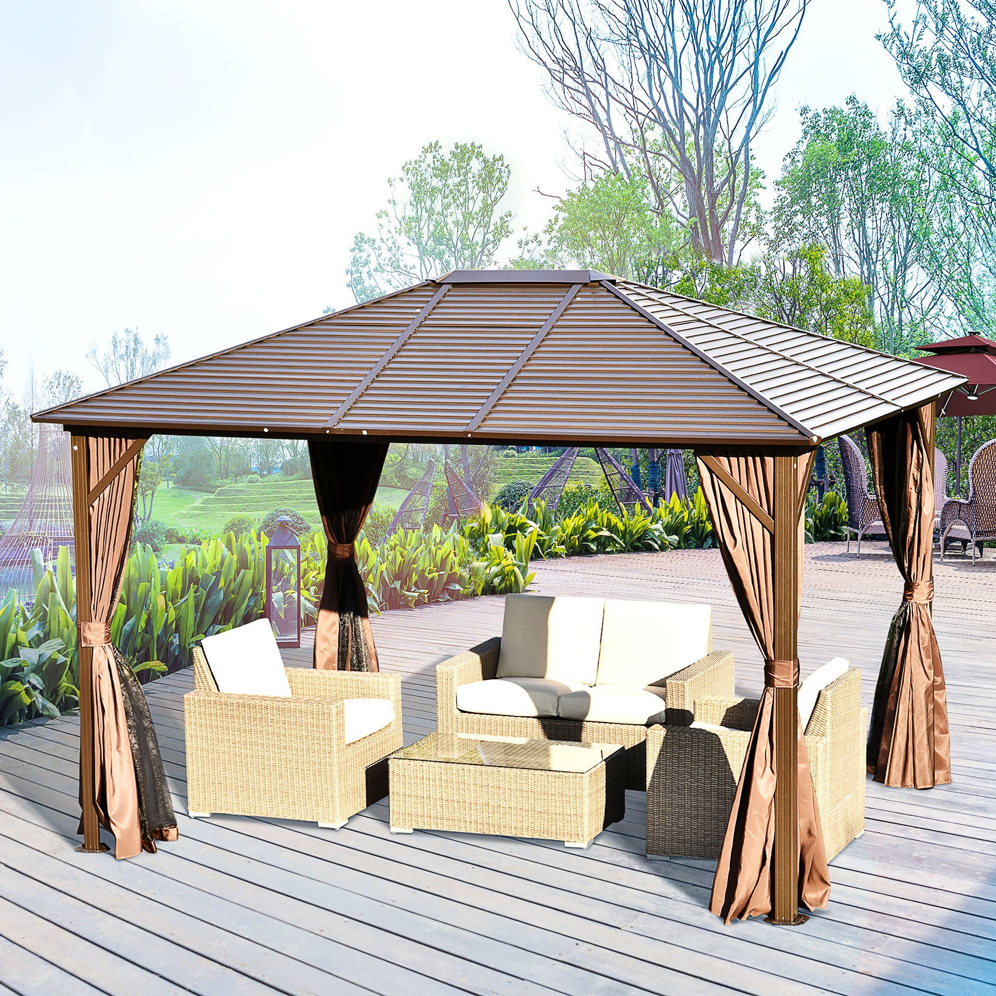 Outsunny Pavillon Gartenzelt mit Metalldach, mit 4 Seitenteilen