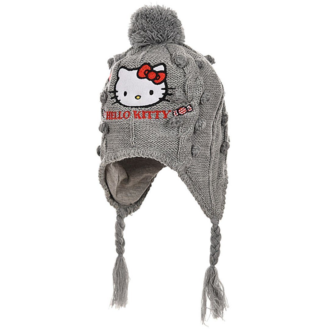 Hello Kitty Strickmütze Kindermütze mit Zöpfen & Jersey Futter Gr. 48-50 cm Grau