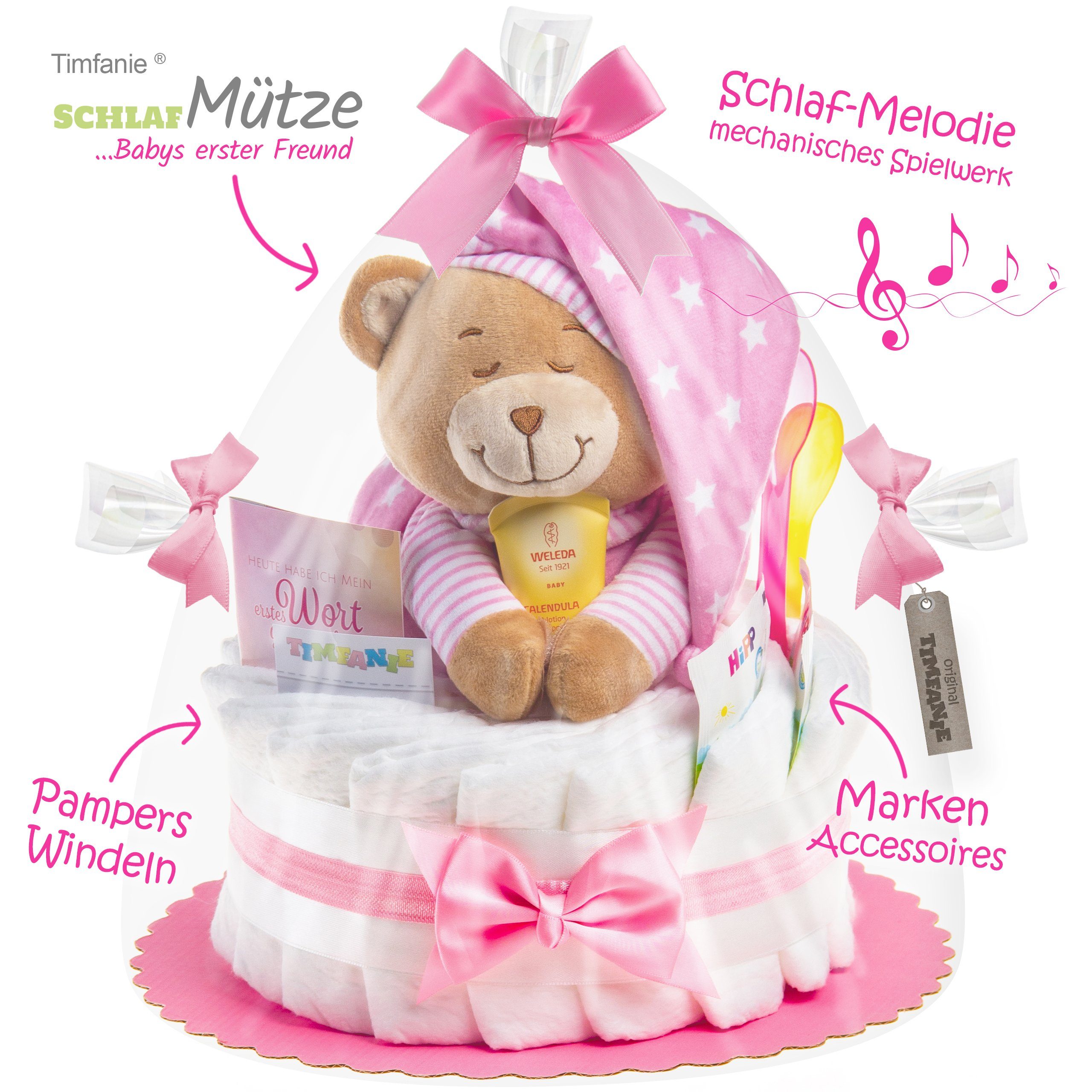 Timfanie Neugeborenen-Geschenkset Windeltorte, 28-tlg) rosa, Spieluhr (rosa, Schlafmütze