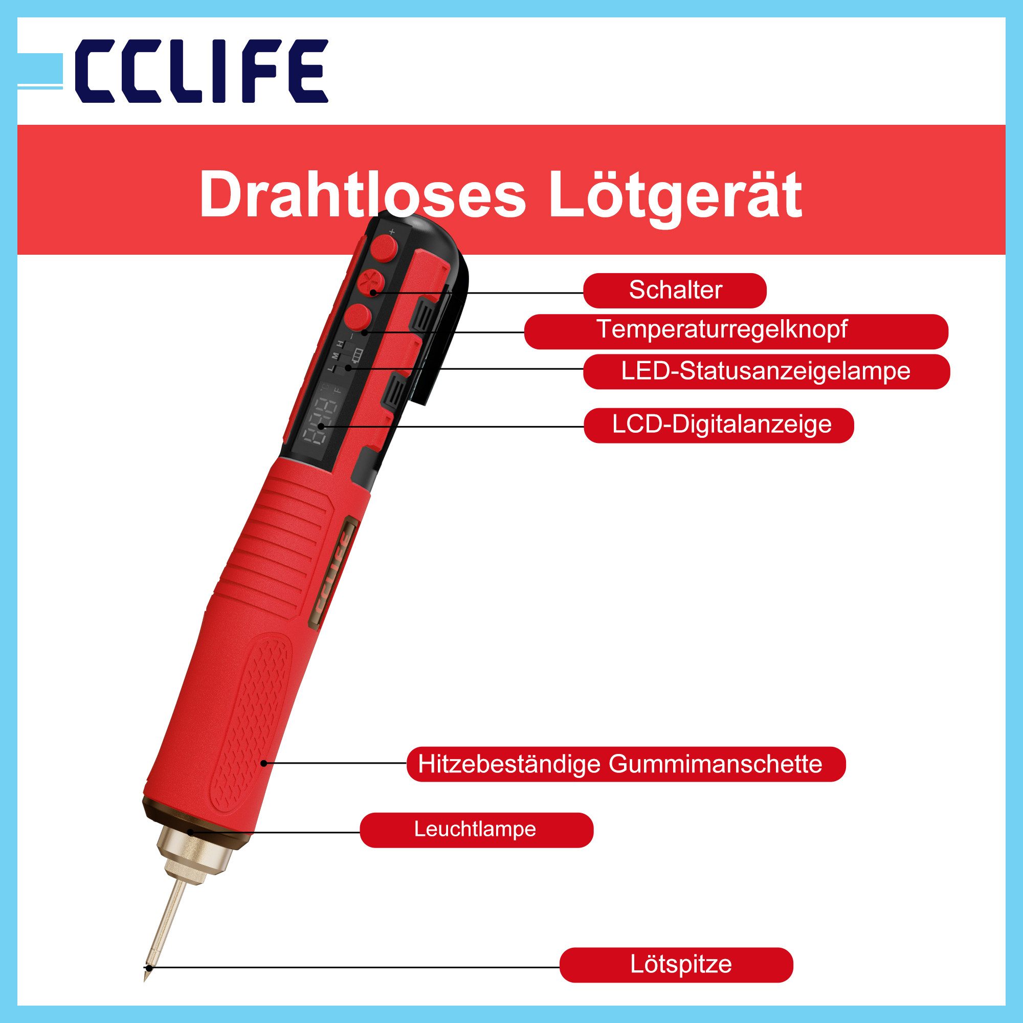 CCLIFE Lötpistole 8W Loetkolben Kabellos 1800mAh Akku LCD Display Regelbar Set, max. 8 W