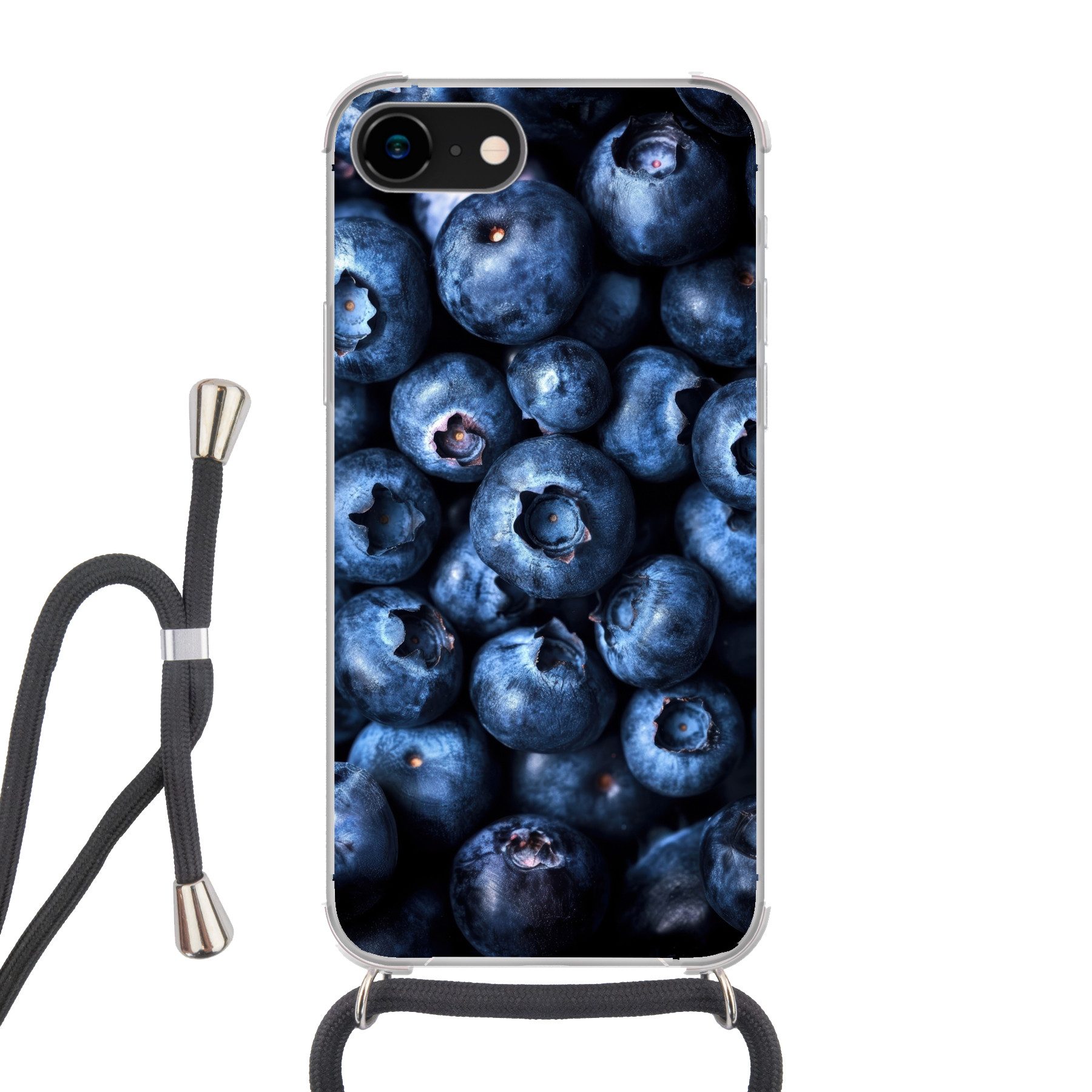 MuchoWow Handyhülle für Apple iPhone 8 Beeren - Blau - Obst, Tragbare Handyhüllen mit Kette zum umhängen, Handykette Handyband