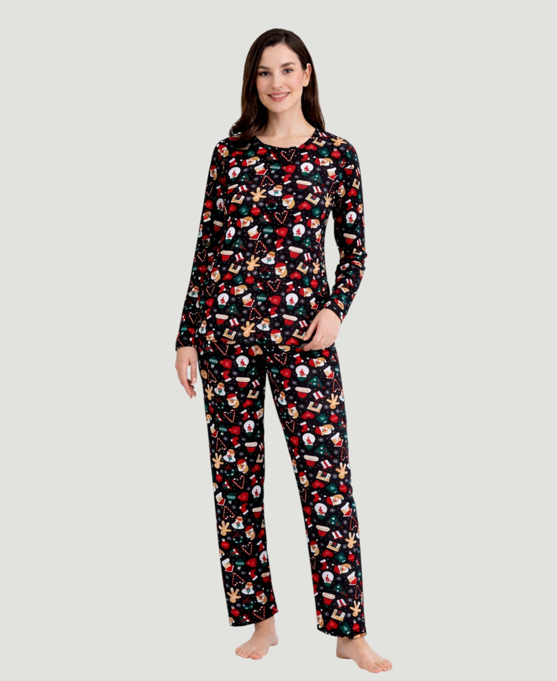 fashionshowcase Pyjama Hausanzug Schlafanzug Velours Neujahr Weihnachtsmotive, Winter-Set (Set, 2-teilig) samtartige Oberfläche, Soft-Touch, elastische Qualität