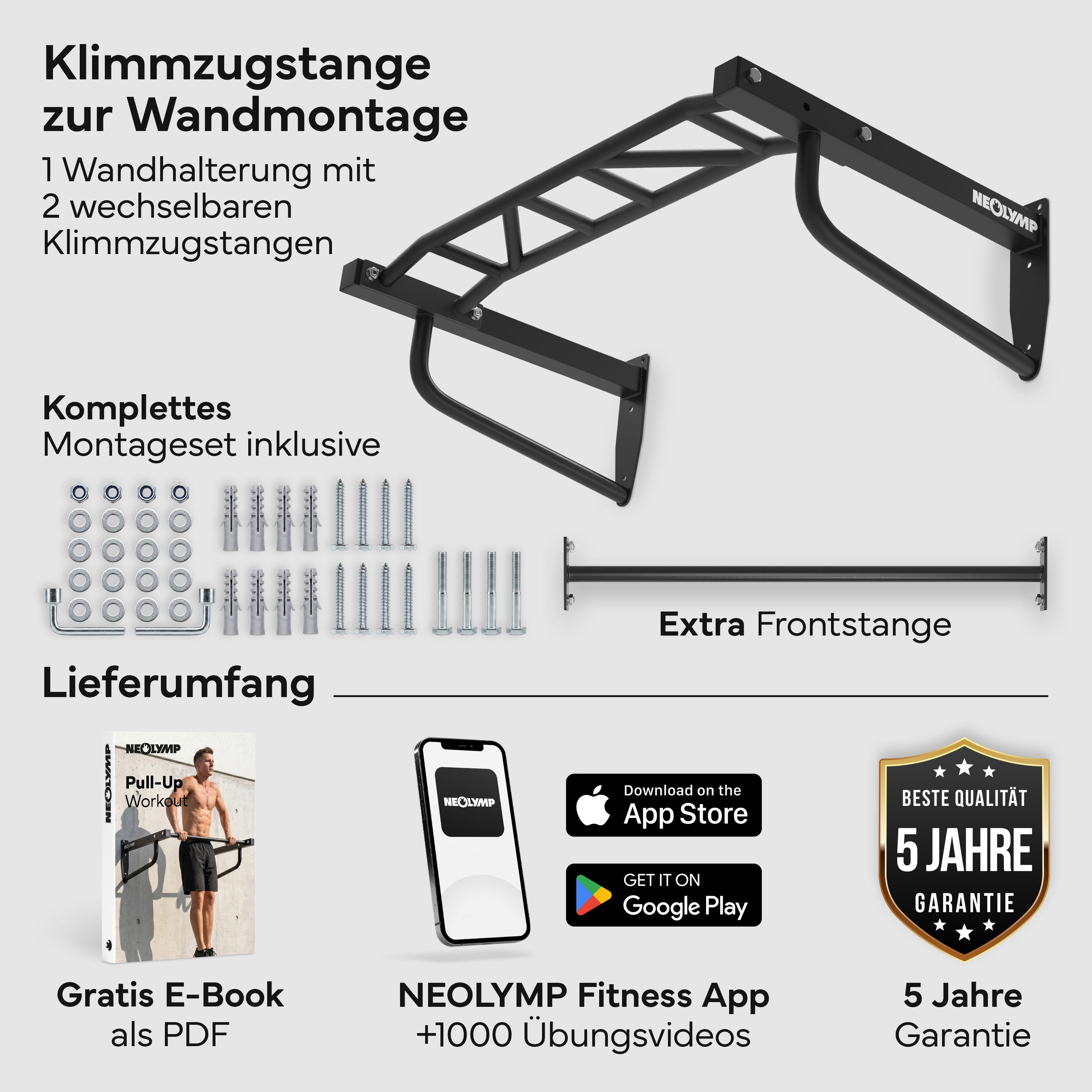 NEOLYMP Klimmzugstange Wand - 2 Stangen für Muscle-Ups & Pull-Ups - 76 cm Wandabstand & Stahl (Pull up Calisthenics Human Flag Klimmzugstation Outdoor Stahl Garten), Klimmzugstange Wand Outdoor wetterfest - Pull Up Bar Wandmontage