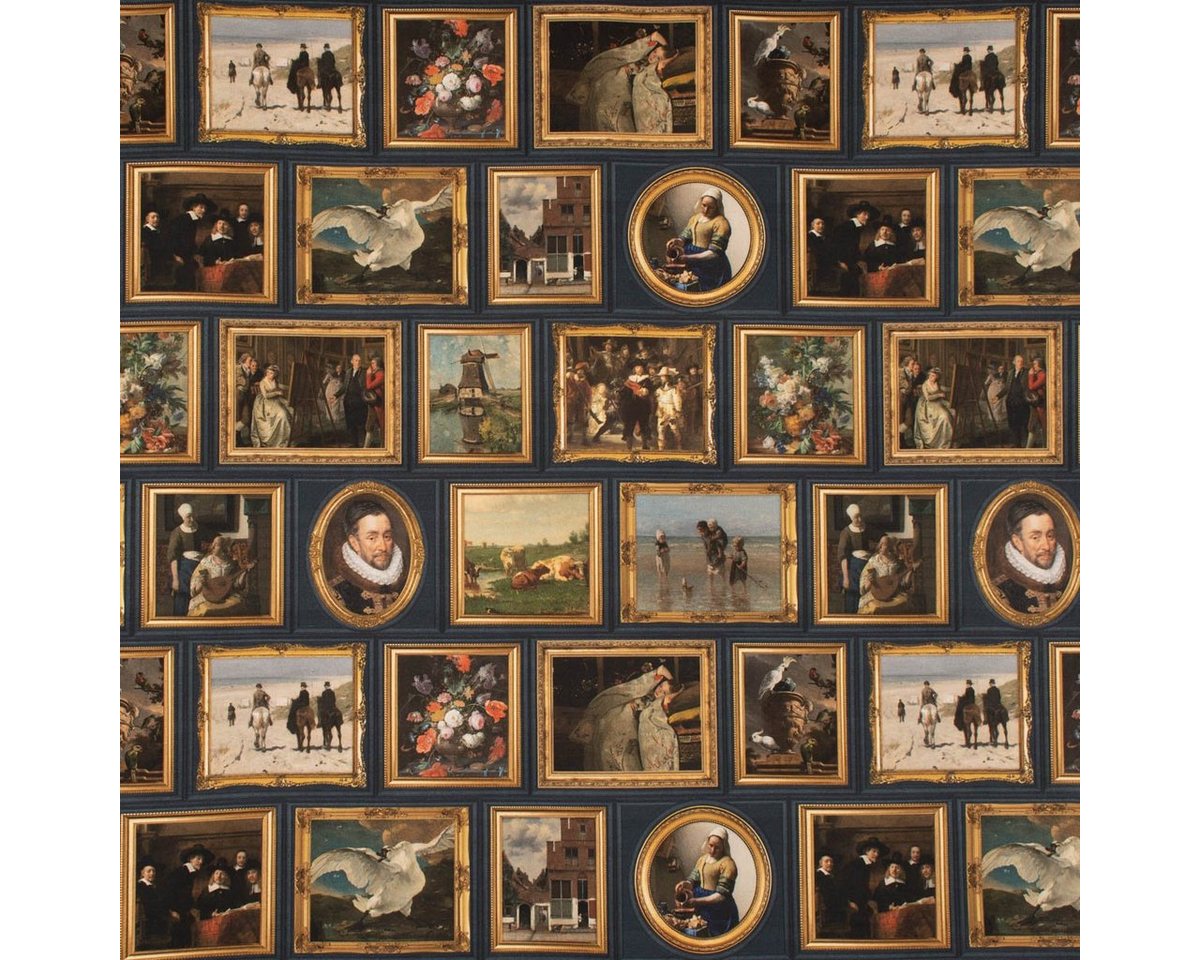 Thumbnail - SCHÖNER LEBEN. Stoff Dekostoff Baumwolle Dutch Art Piece Gemälde Galerie dunkelblau 1,40m, pflegeleicht