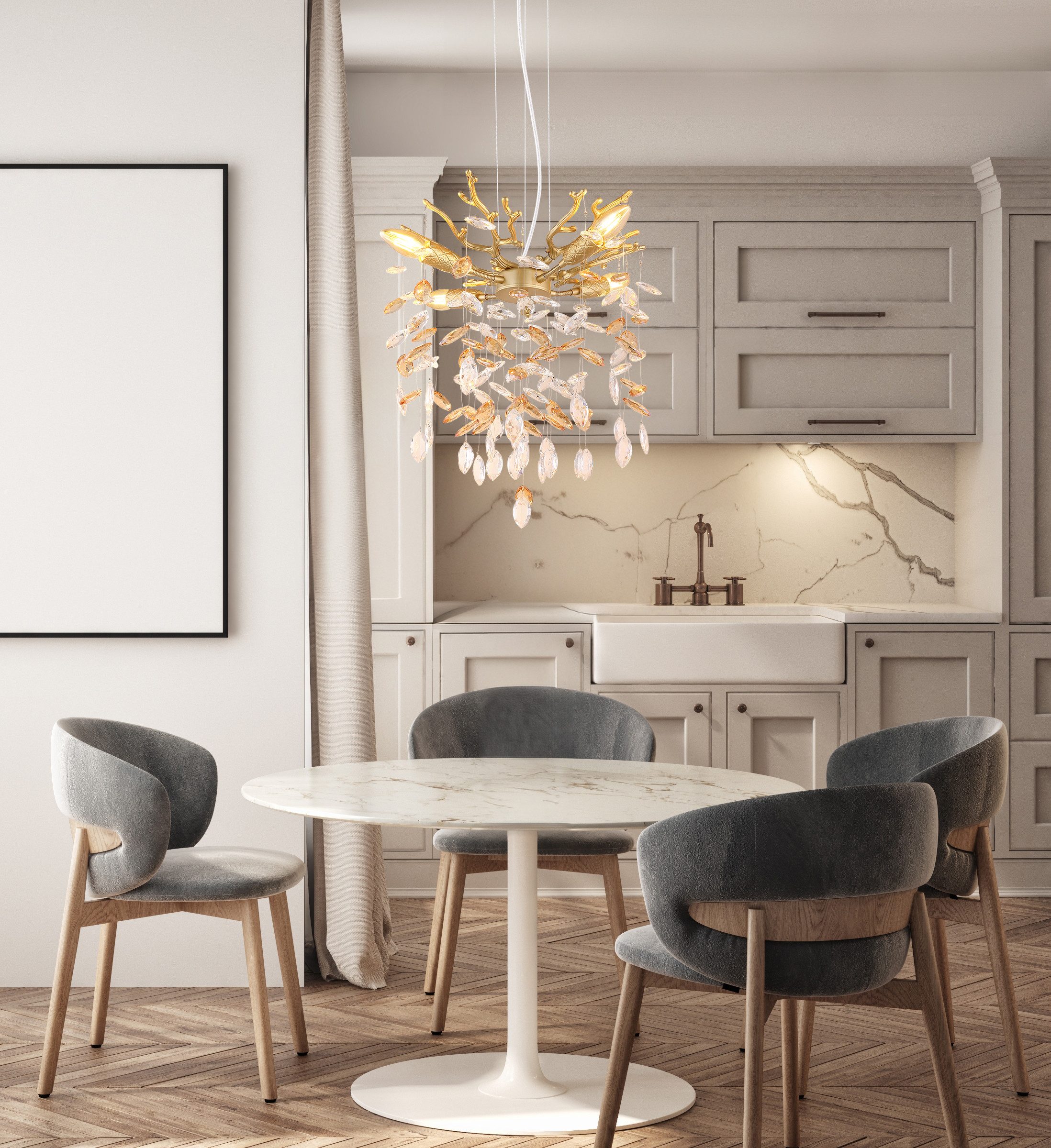 GLOBO LIGHTING Hängeleuchte QUEENA, Leuchtmittel wechselbar, Goldfarbener Luster mit Glaskristallen amber, Höhe kürzbar