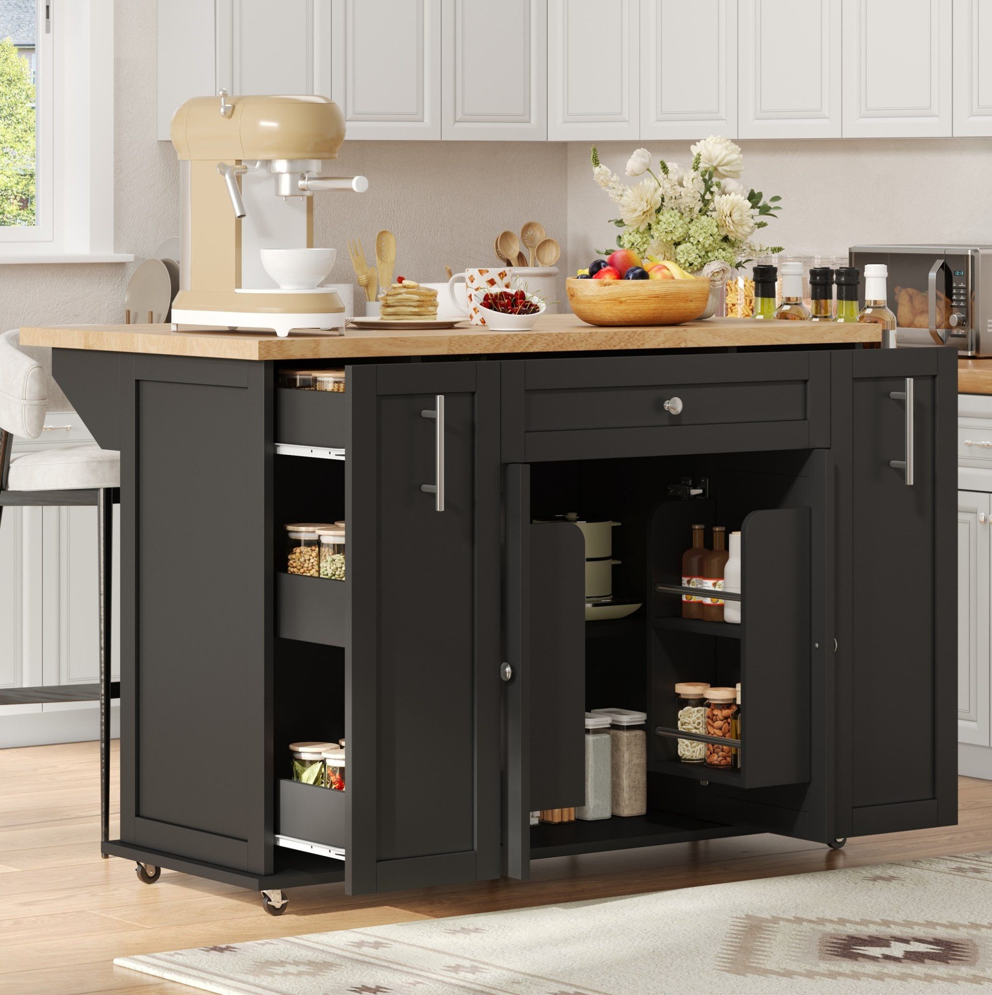 REDOM Kücheninsel Mobile Küchenkommode mit Rollen und Klappfunktion 120×45(70)×87 cm, (Arbeitswagen mit Feststellrollen für Kochen und Aufbewahrung), Kücheninselwagen mit Schränken Schubladen und Ablageflächen