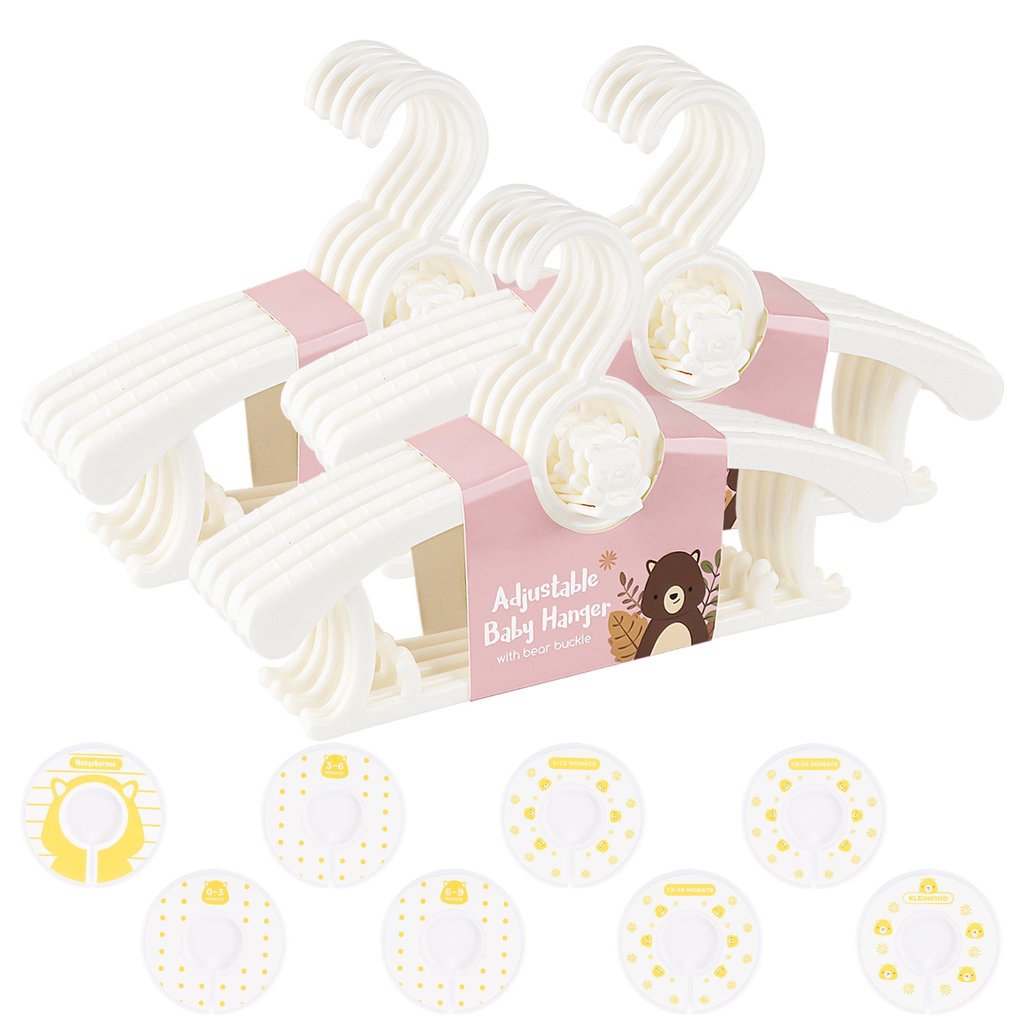 Homewit Kleiderbügel Kinderkleiderbügel mit Größentrenner und Stapelbaren Bärchen-Haken, (Set, 30-tlg), Platzsparende Rutschfeste Bügel für Kleidung Babys und Kleinkinder Weiß