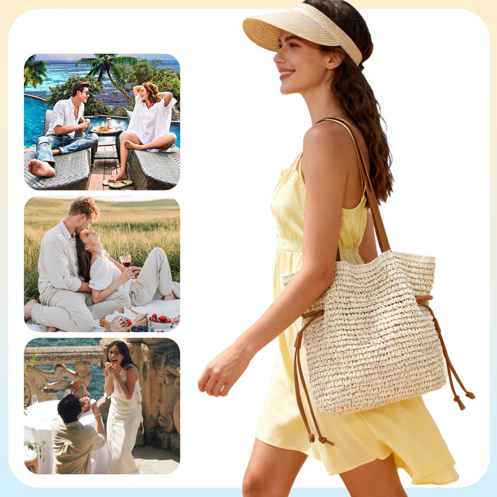 FOUORTUNATE-BEE Handtasche Damen Strohtaschen, Geflochtene Sommer-Handtasche, Strand-Tote (Kordelzug-Schultertasche)
