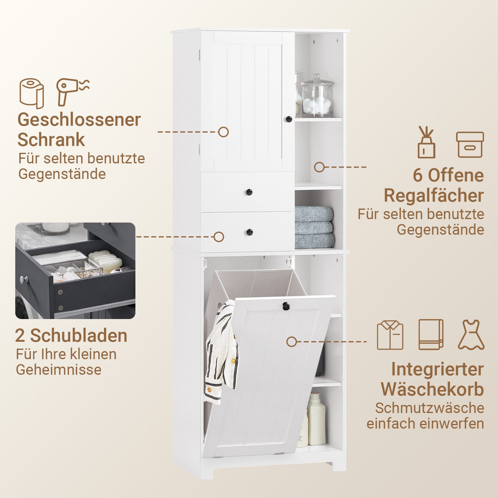 SoBuy Hochschrank BZR104, Badezimmerschrank, 4-in-1 Badkommode, Aufbewahrungsschrank Wäscheschrank, offenen Fächern, mit Wäschekorb, Schrank für Badezimmer – Bild 3 von 5