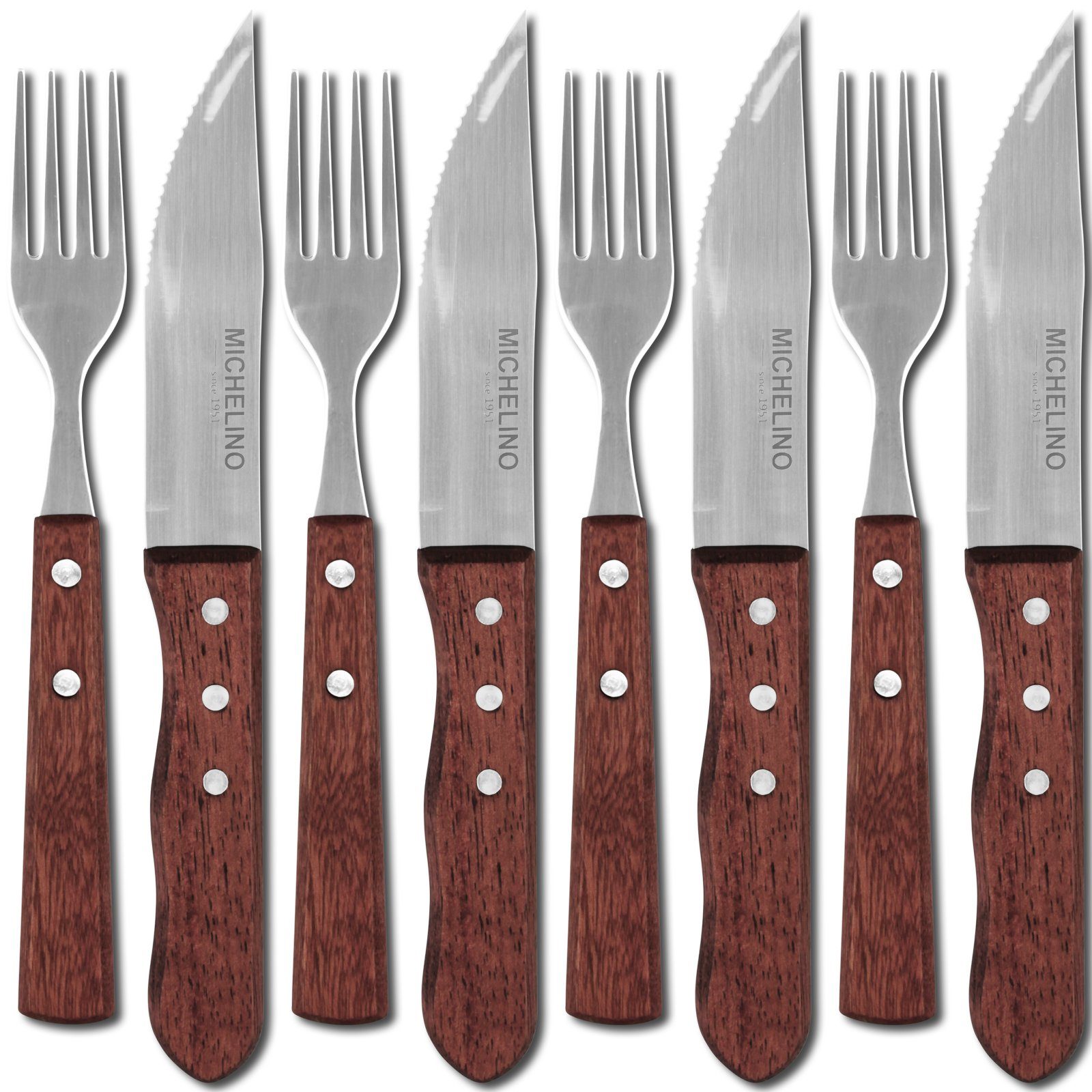 Hatex Steakbesteck Steakbesteckset 8tlg. Jumbo Holzgriff Grillbesteck Besteckset, 4 Personen, Steak Messer Gabel Essbesteck Fleischmesser Steakmesser Steakgabel