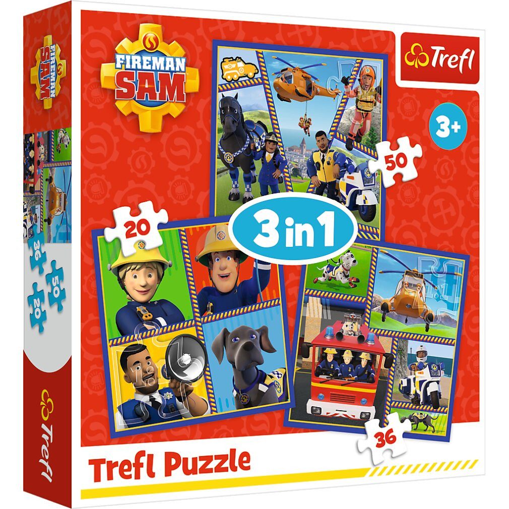 Trefl Puzzle Puzzle Feuerwehrmann Sam: Sams Tag 3in1 (20,36,50 Teile), Puzzleteile