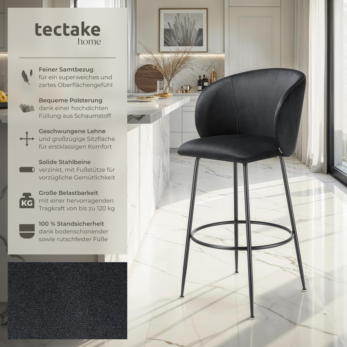 tectake Barhocker Barstuhl Luana, mit Rückenlehne, Samtoptik, 51 x 60 x 106 günstig online kaufen