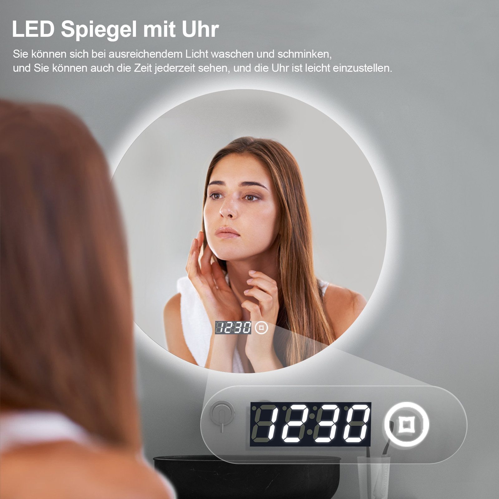 WDWRITTI Badspiegel Rund 70cm mit Beleuchtung und Uhr LED Spiegel Bad groß (Rundspiegel 70x70cm, 3Lichtmodi, Dimmbar, Speicherfunktion, Touch), LED Kosmetikspiegel
