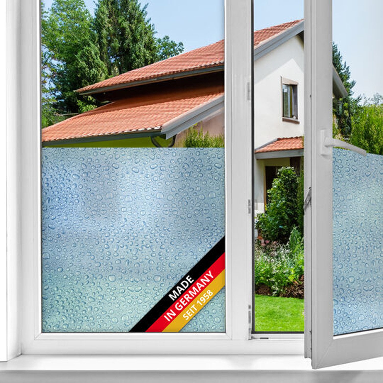 d-c-fix Fensterfolie Tropfen - selbstklebende Sichtschutzfolie Deko Folie für Fenster innen, Glatte Oberfläche, selbsthaftend, zuschneidbar und rückstandslos entfernbar