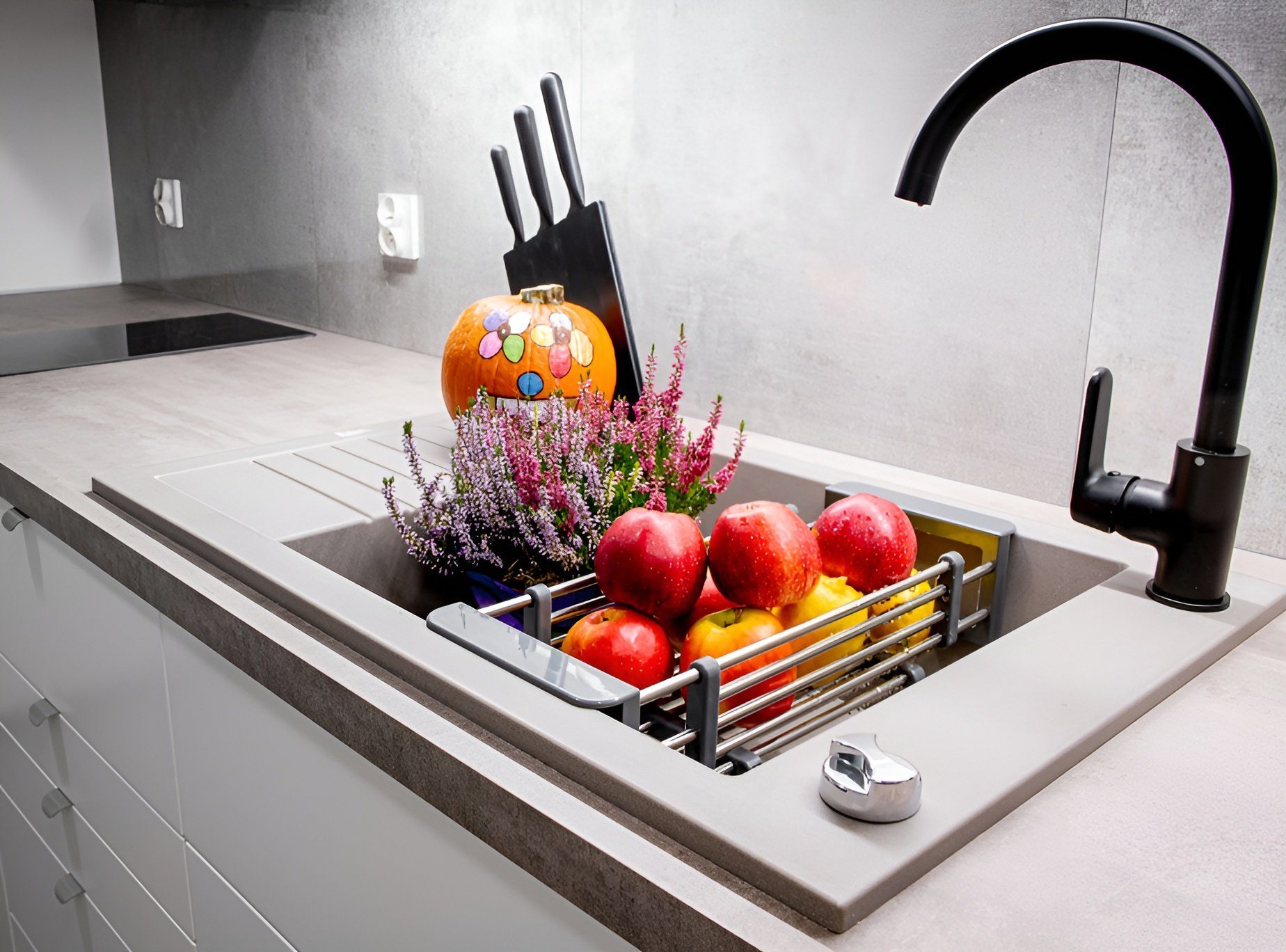 Thumbnail - KOLMAN Küchenspüle Einzelbecken Pionier Granitspüle, Rechteckig, 50/78 cm, Grau, Space Saving Siphon GRATIS