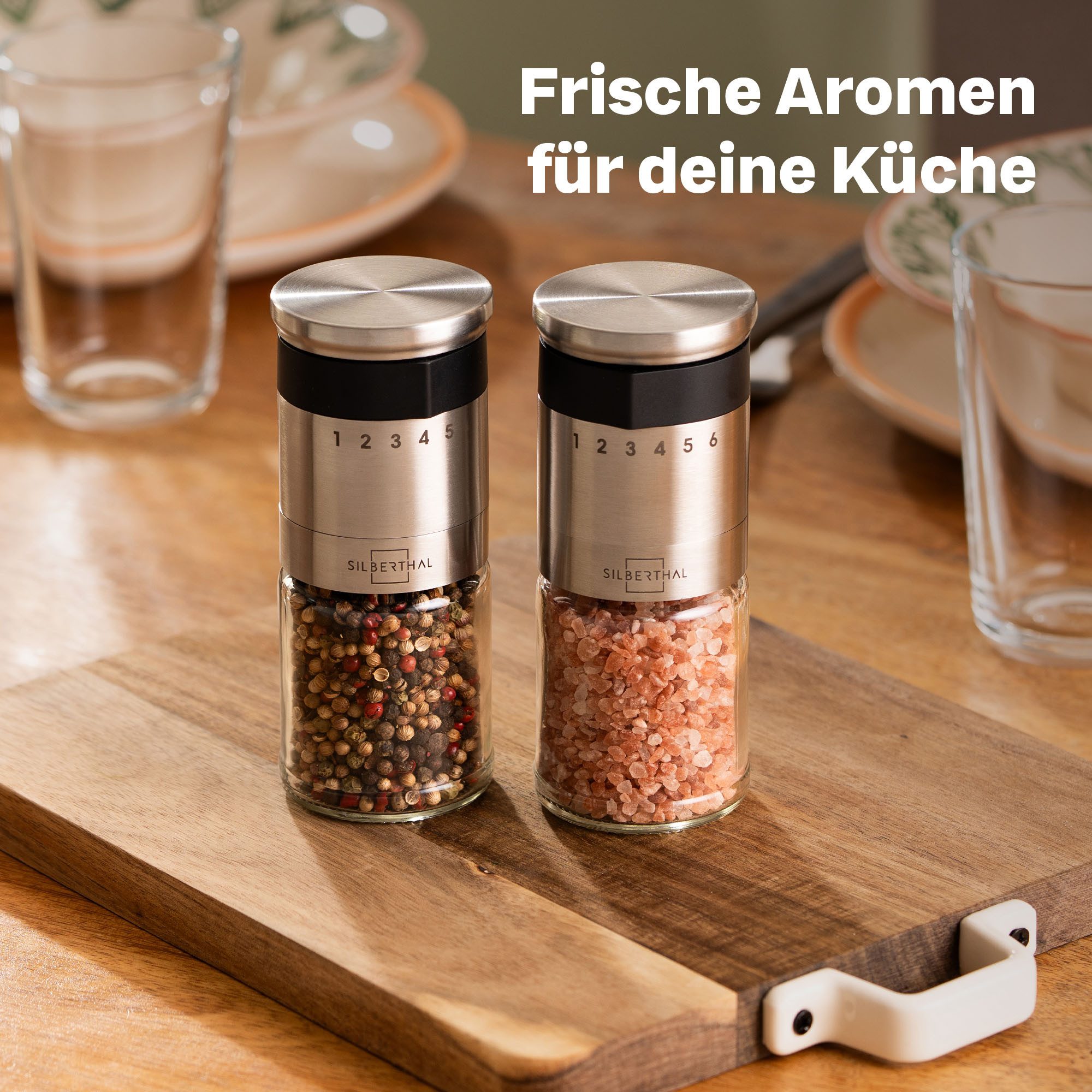 SILBERTHAL Salzmühle und Pfeffermühle - Gewürzmühle, (1 Stück), Salatsaucen Behälter mit integrierter Skala, perfekt zum Mitnehmen