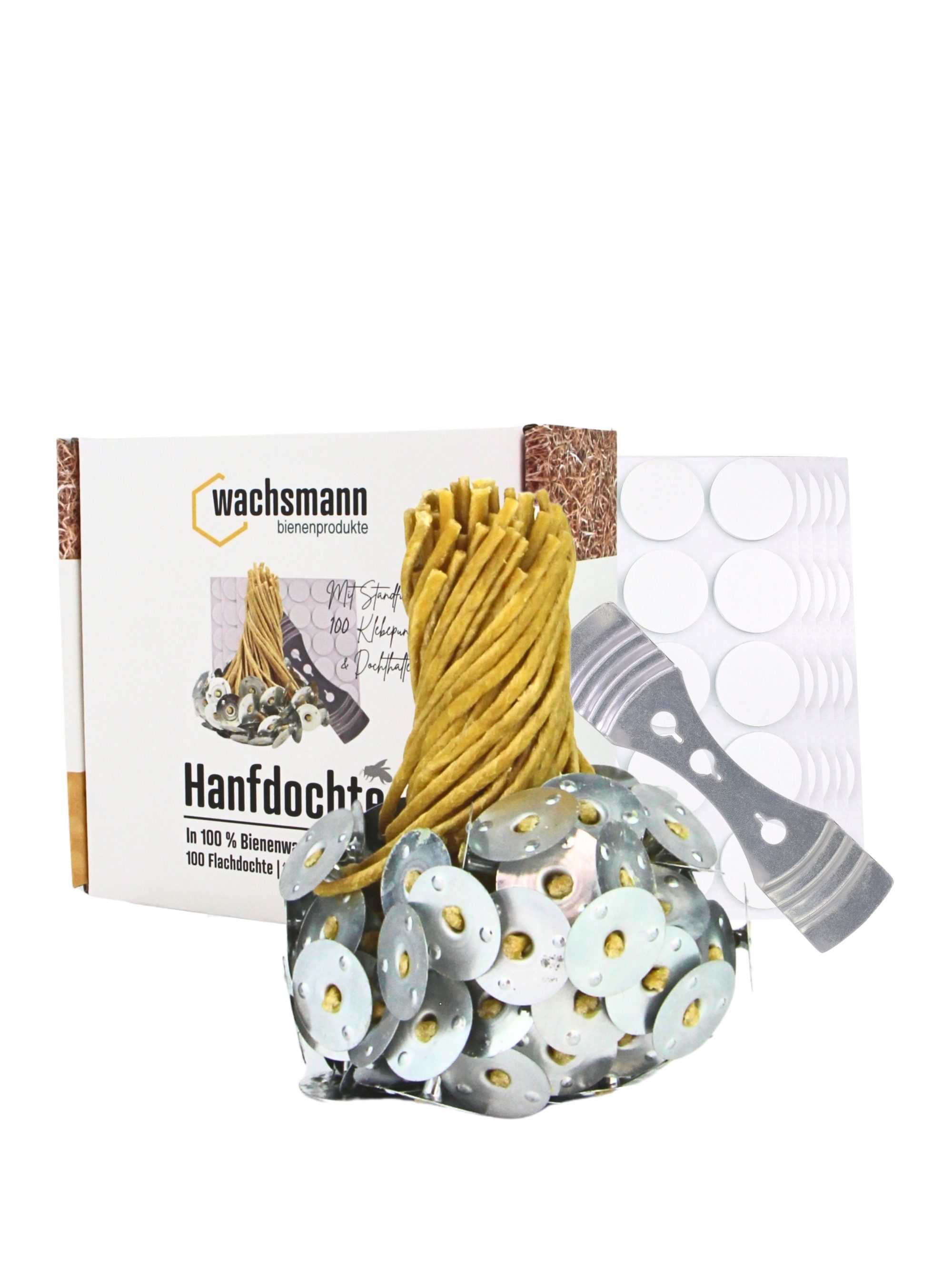 Wachsmann Bienenprodukte Bienenwachskerze 100 Kerzendochte (mit Metallfüßchen, Klebepunkten und Dochthalter), Ruhiges, rußarmes Brennen, paraffinfrei.