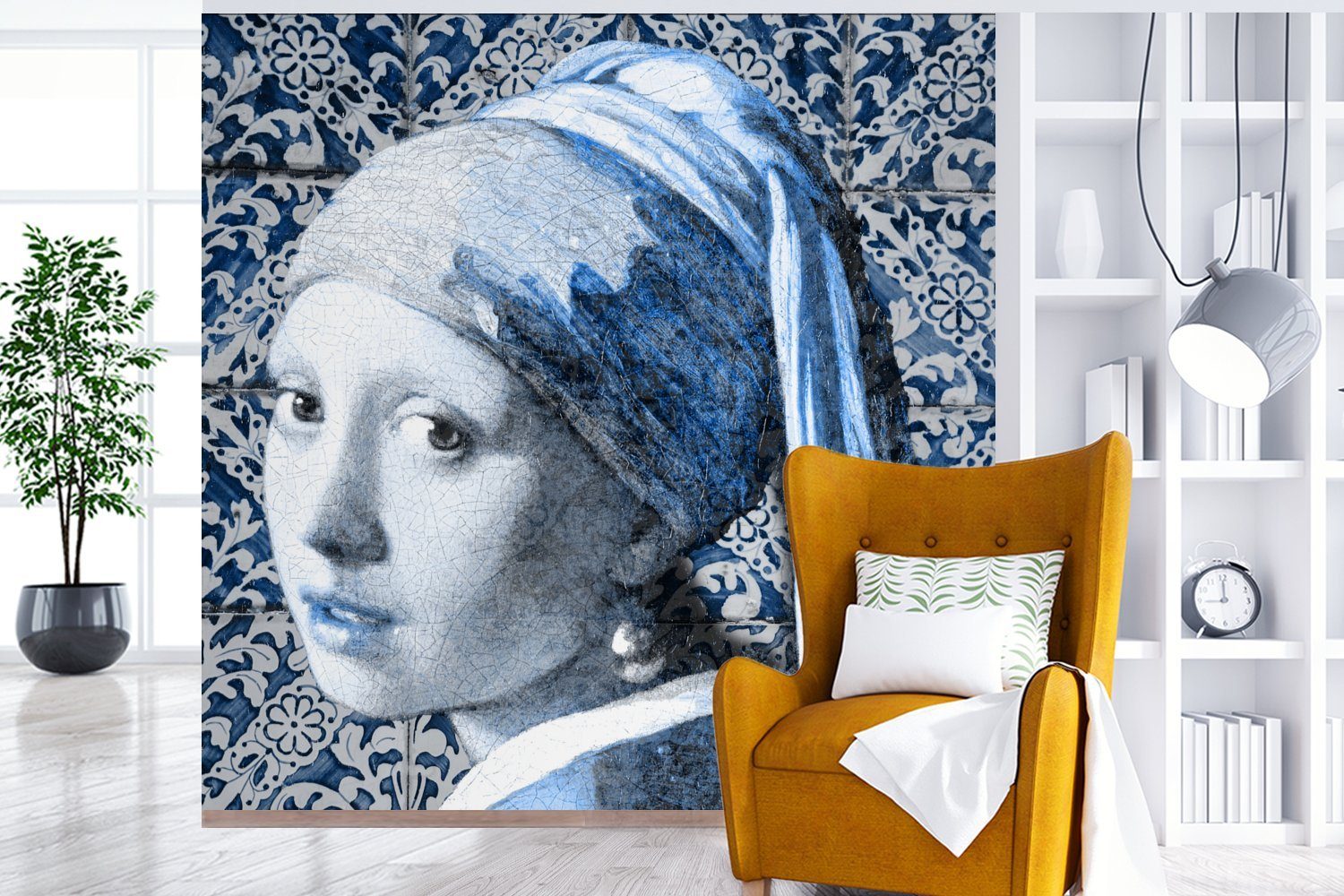 Wohnzimmer Blau, - Tapete Wandtapete Fototapete bedruckt, Mädchen (5 Matt, oder Johannes für - St), Schlafzimmer, Perlenohrring mit Vinyl MuchoWow Delfter Vermeer
