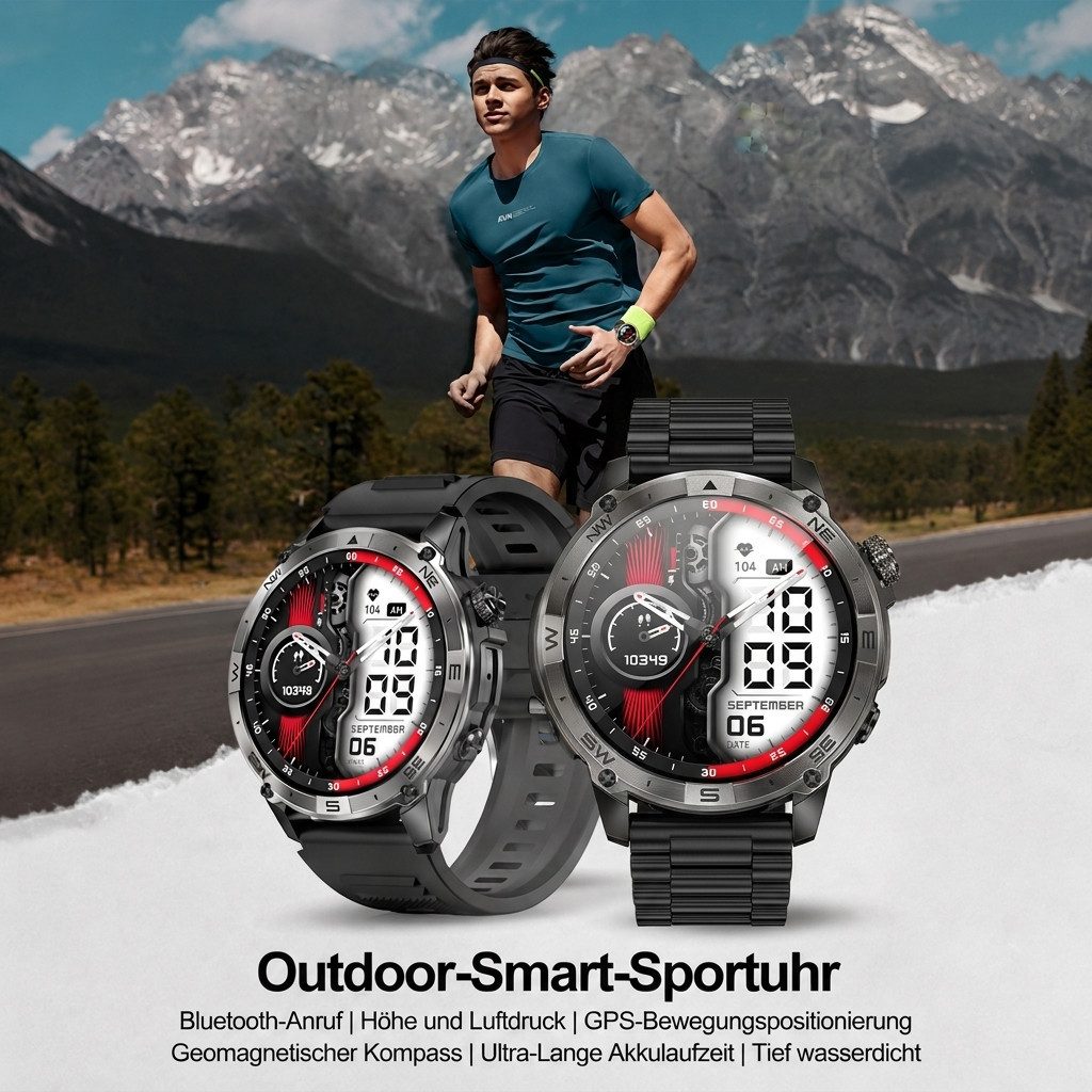 Vashoy Smartwatch Herren Damen mit GPS, 1,43" AMOLED für den Outdoor-Einsatz Smartwatch (390mm cm/1.43 Zoll, Android4.4/ISO1.0) Spar-Set, 3-tlg., IP68 wasserdicht, 160+ Sportmodi, Herzfrequenz, Schlaf&Schrittzähler,Outdoor Sportuhr für Android/iOS