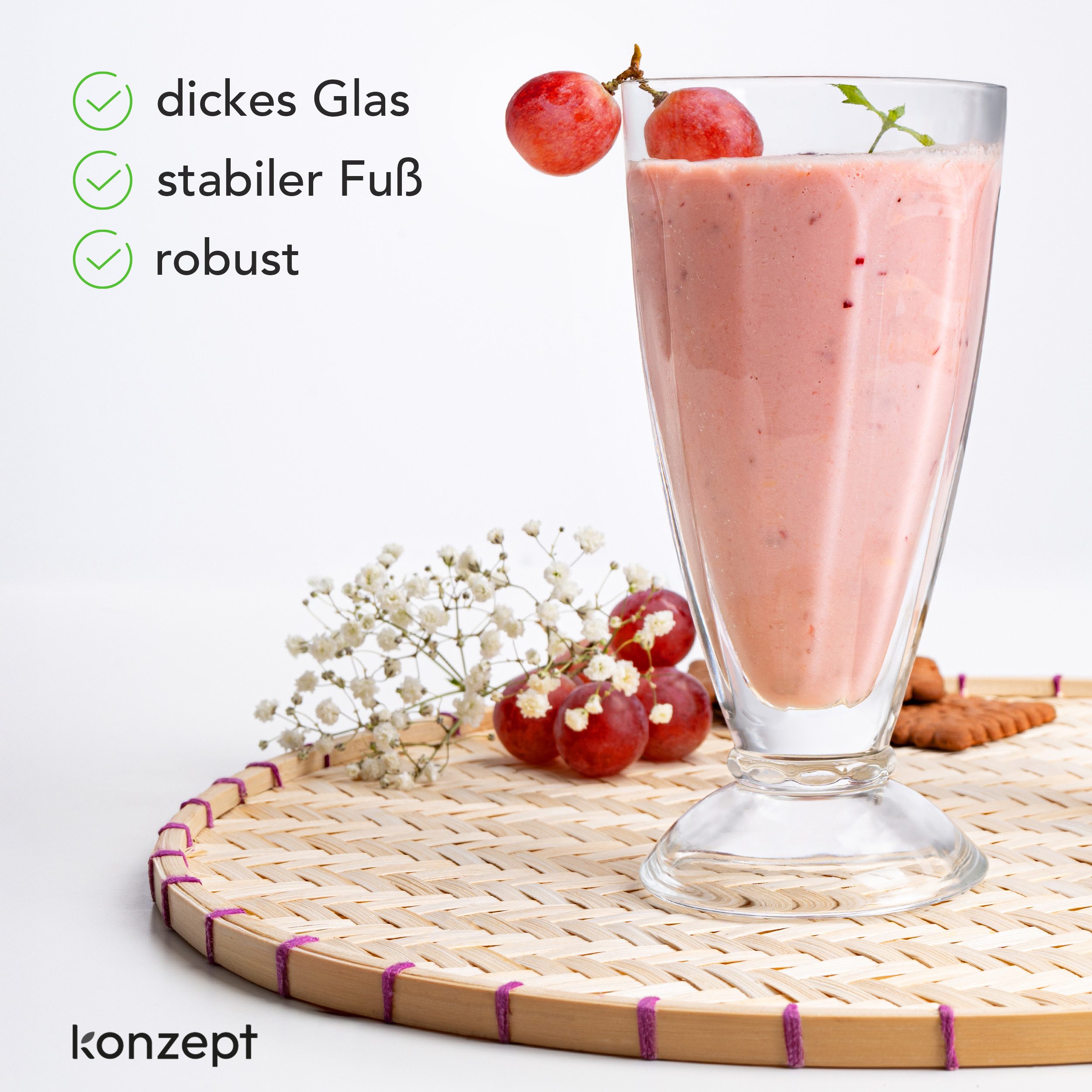 KONZEPT Cocktailglas mit Stiel 300ml, Gläser für Smoothie, Milchshake und Dessert, 6-tlg., spülmaschinengeeignet