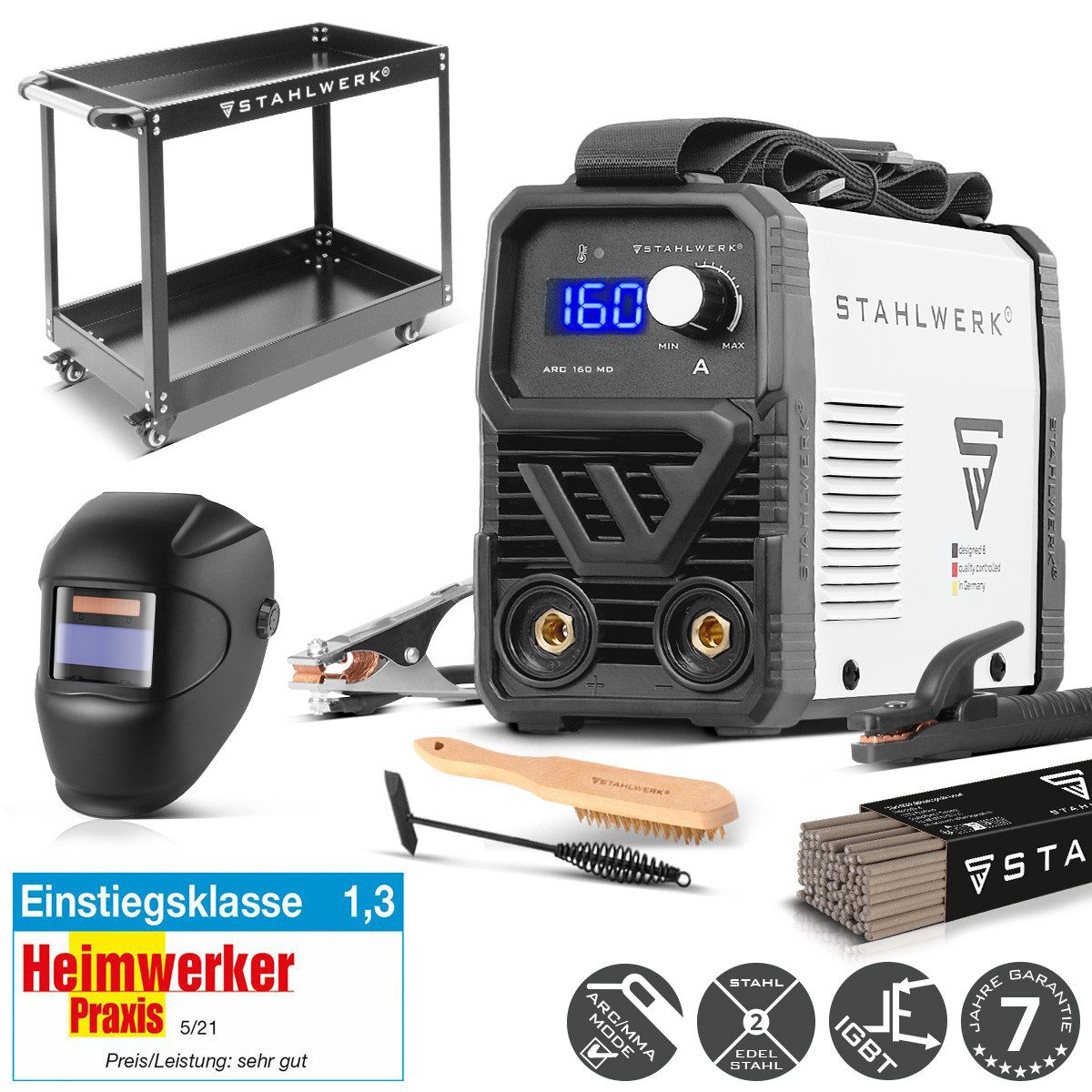 STAHLWERK Inverterschweißgerät Elektroden-Schweißgerät ARC 160 MD- DC Vollausstattung Gerätewagen, 30 - 160 A, Packung}, 6-tlg., Vollausstattung, Lift-TIG Inverter mit 160 Ampere, IGBT Technologie und Single-Board