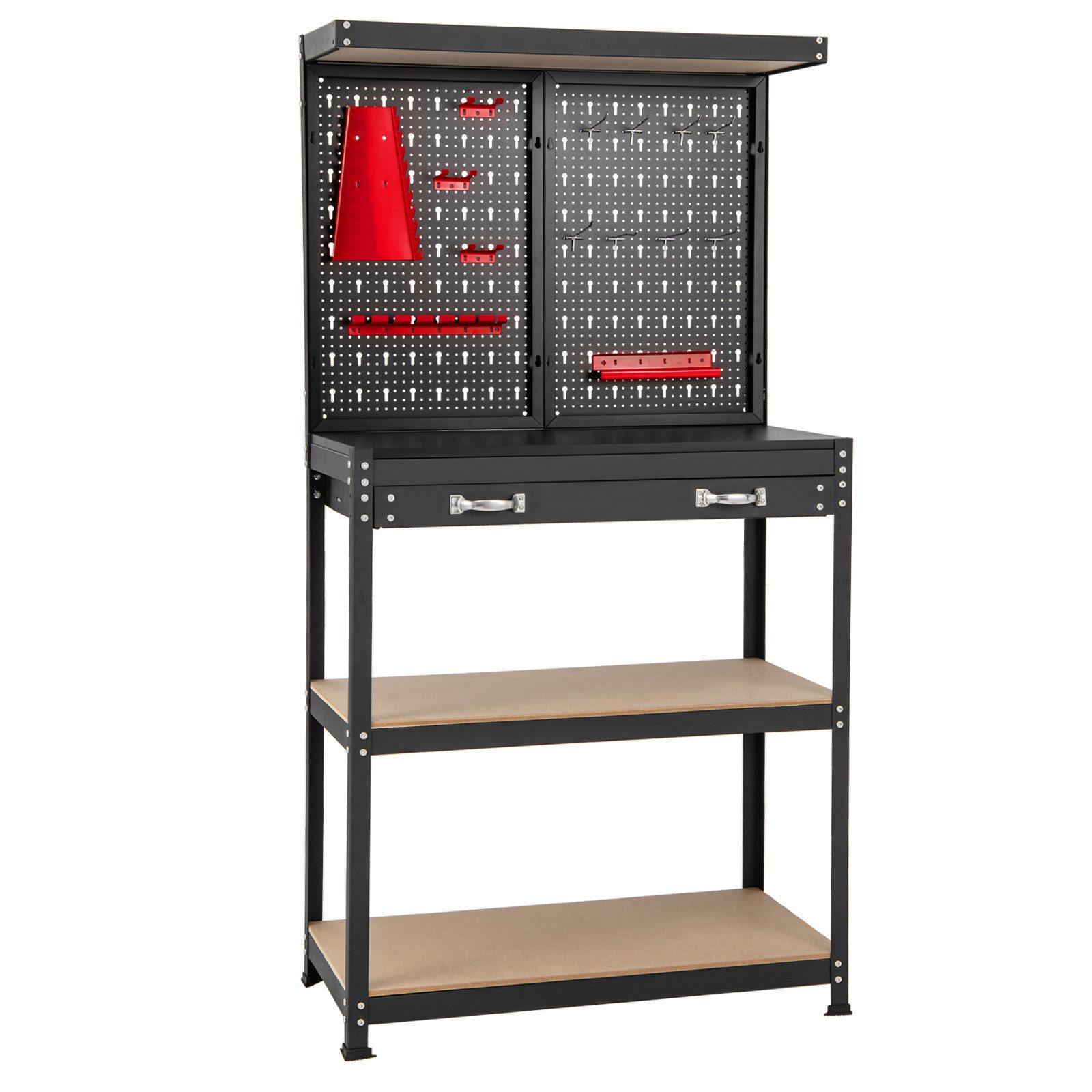COSTWAY Arbeitstisch, mit 13 Zubehörteile, Lochwand & Schublade 81x41x155cm