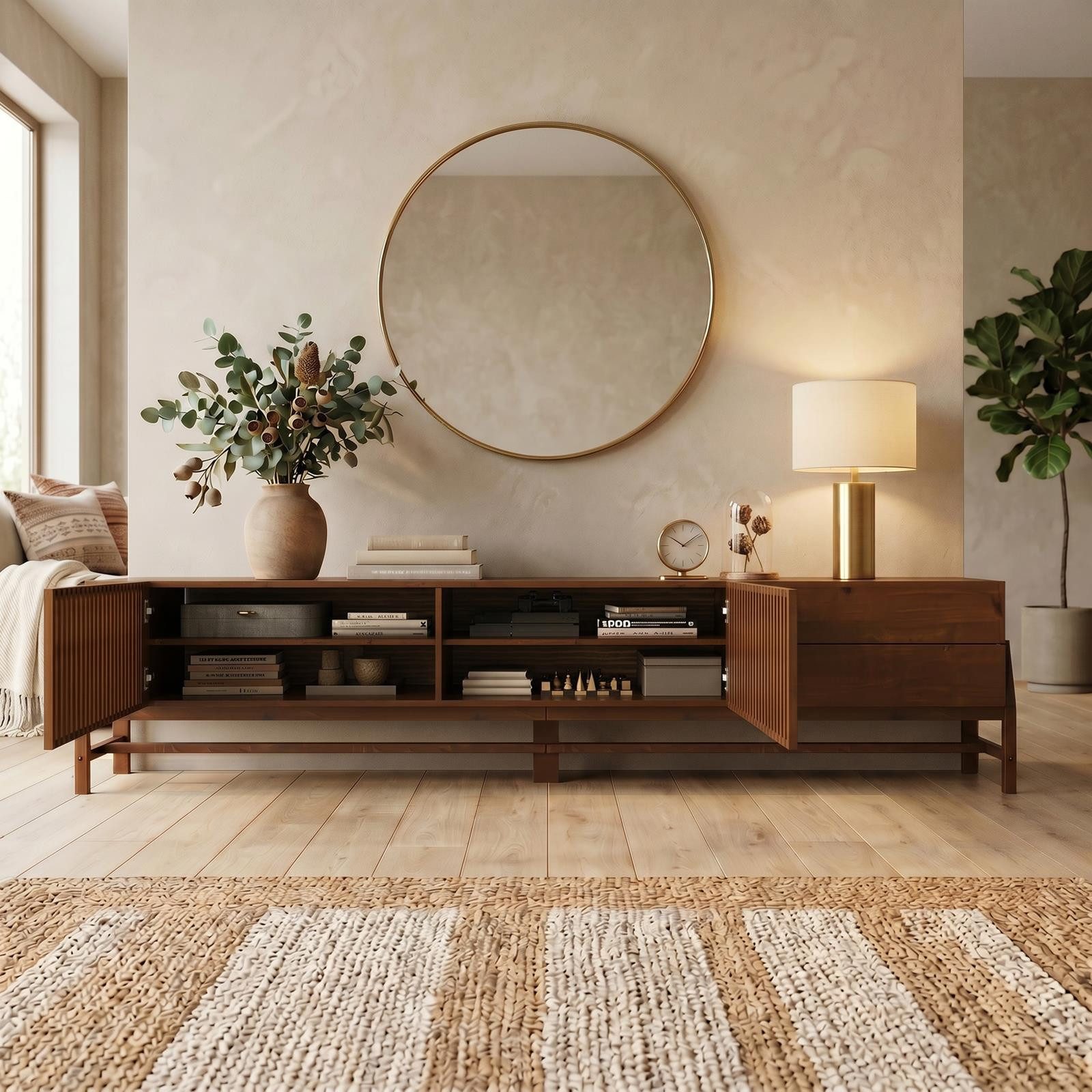 IDIMEX Lowboard ADAMO, 220cm mit Lamellentüren aus Massivholz für 90 Zoll TVs Kastanie Finish