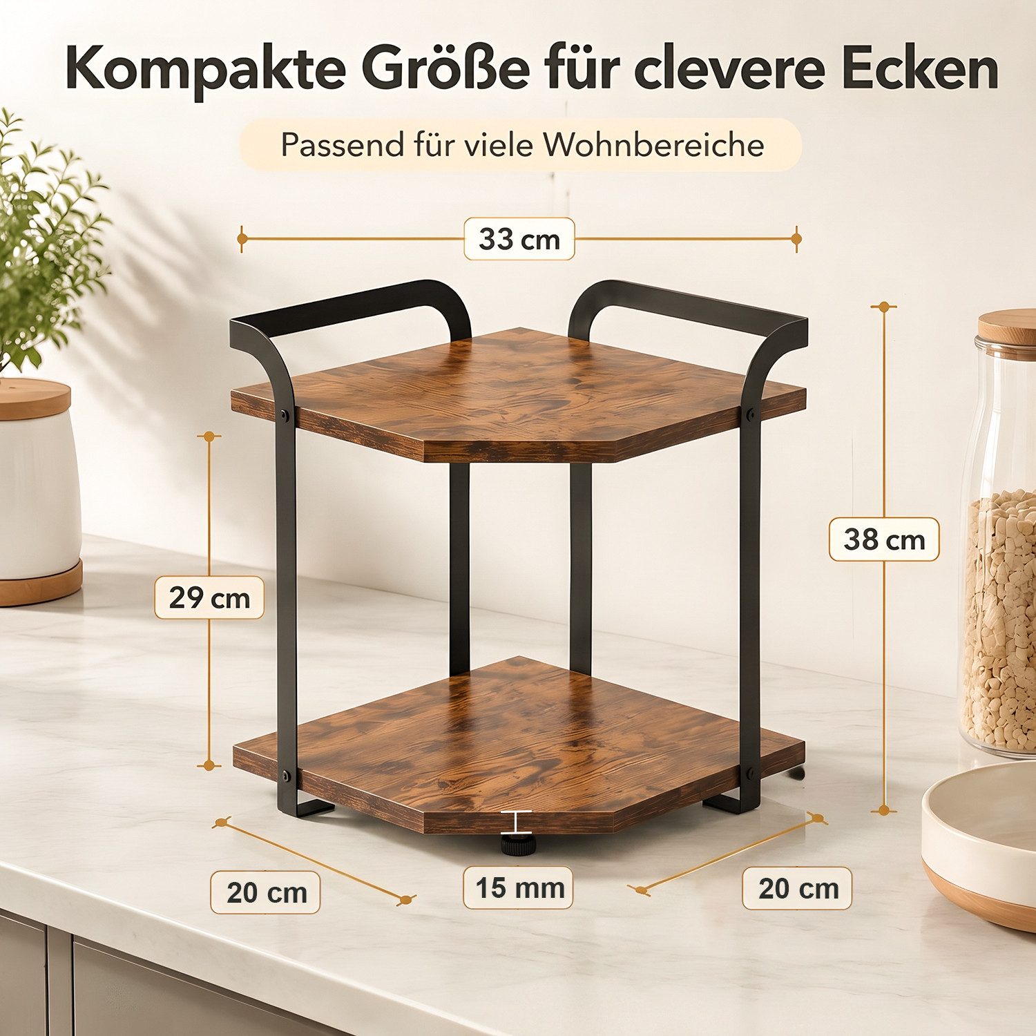 HEYHIPPO Küchenregal Eckregal 2 Ebenen 38×33×20 cm – Holzregal für Küche & Arbeitsplatte, Packung, Platzsparendes Eckregal– vielseitige Ablage für Gewürze & Tas – Bild 2 von 5