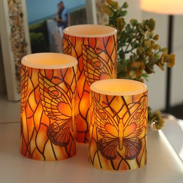 MARELIDA LED-Kerze LED Kerzen Schmetterling Echtwachs flackernd Fernbedienung Timer 3St. (3-tlg)