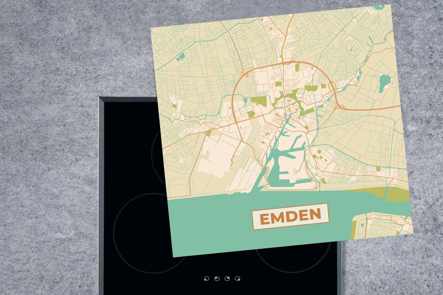 MuchoWow Herdblende-/Abdeckplatte Karte - Karte tlg), Emden Arbeitsplatte Vintage, 78x78 - Stadtplan Vinyl, küche - cm, Ceranfeldabdeckung, (1 für 