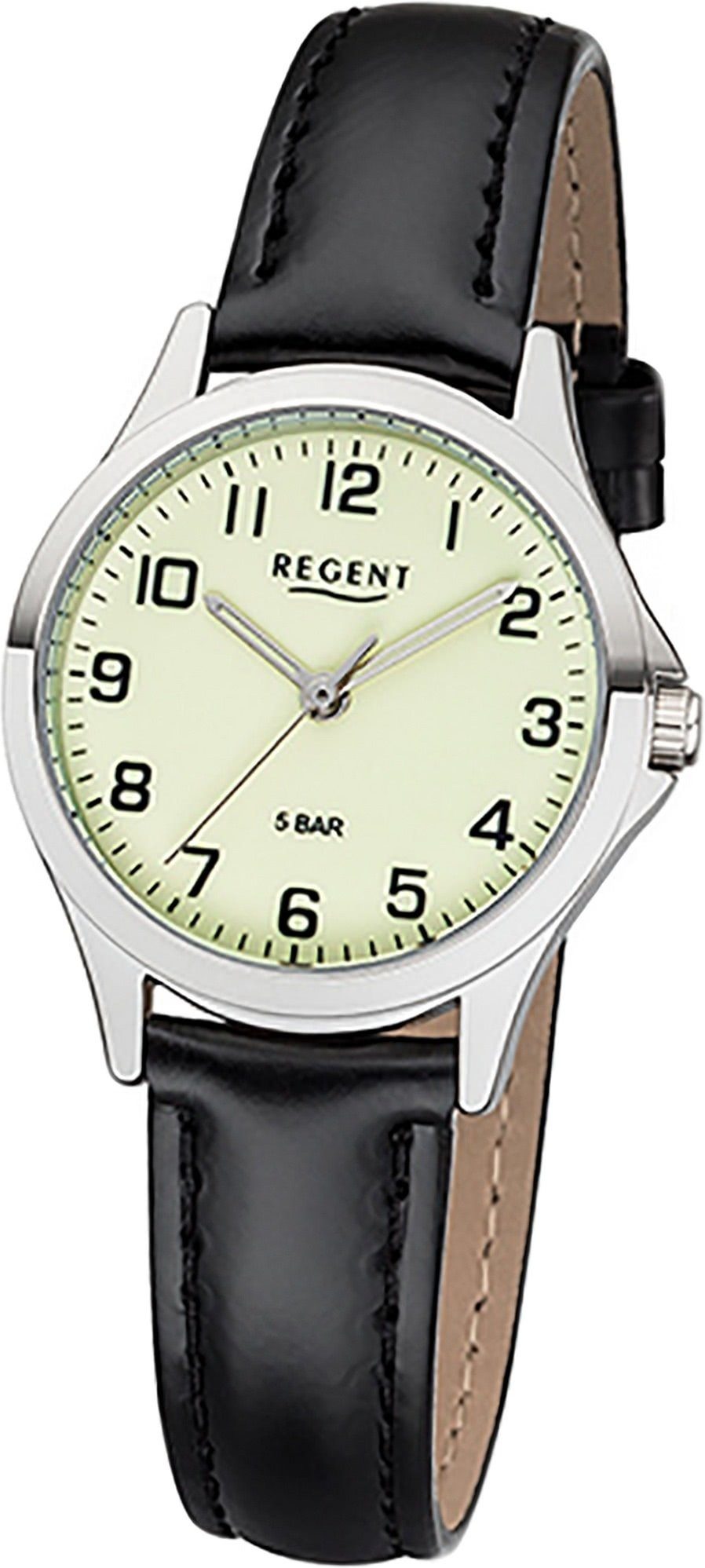 Regent Quarzuhr Regent Leder Damen Uhr 2112427 Analog, Damenuhr Lederarmband schwarz, rundes Gehäuse, klein (ca. 29mm)