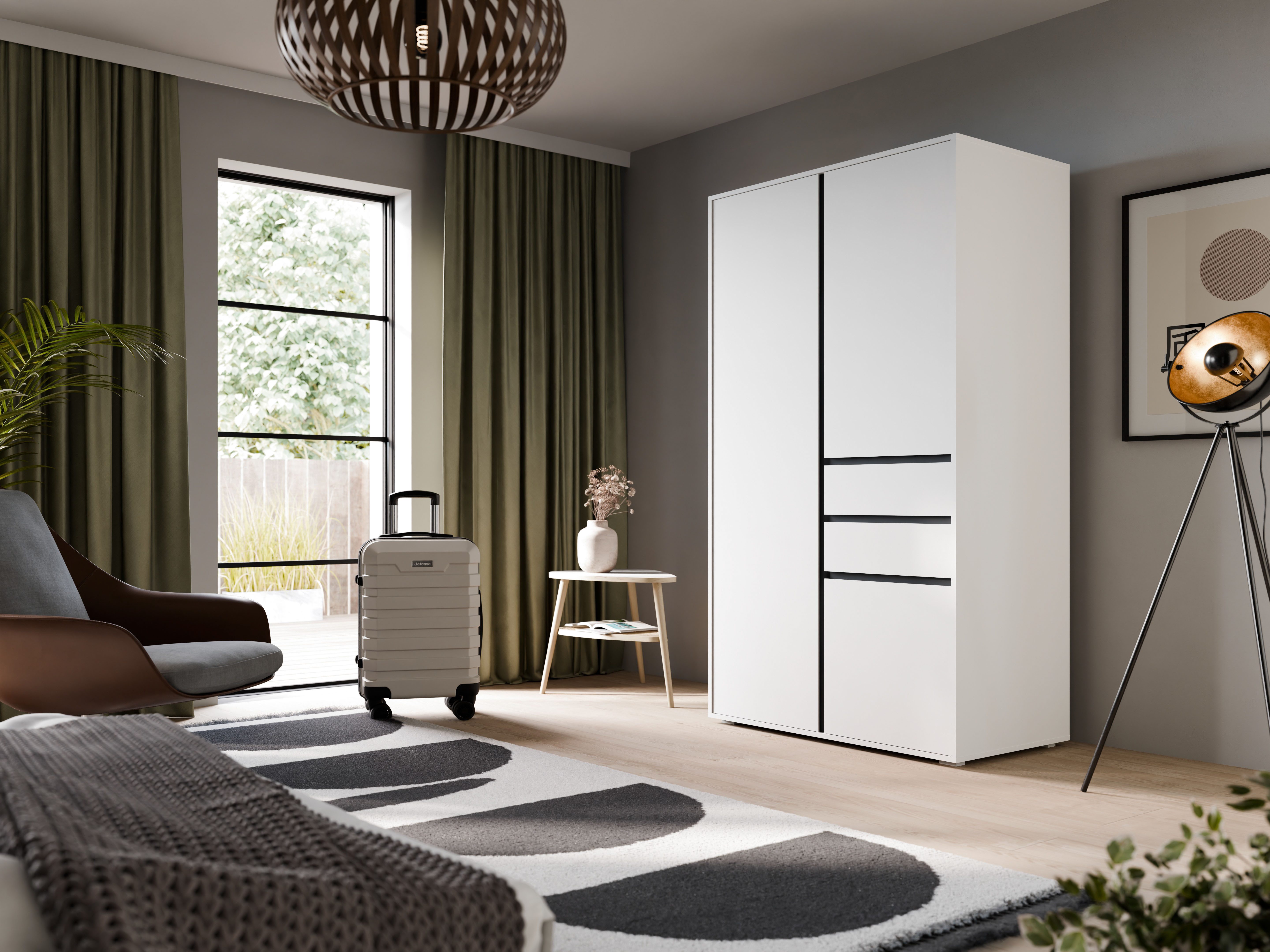 Home affaire Kleiderschrank NULA, Schlafzimmerschrank, Garderobe, Schrank (1-St., in verschiedenen Ausführungen und Farben erhältlich) 3 Türen, 2 Schubkästen, 1 E-Boden, 5 K-Böden, 1 Kleiderstange