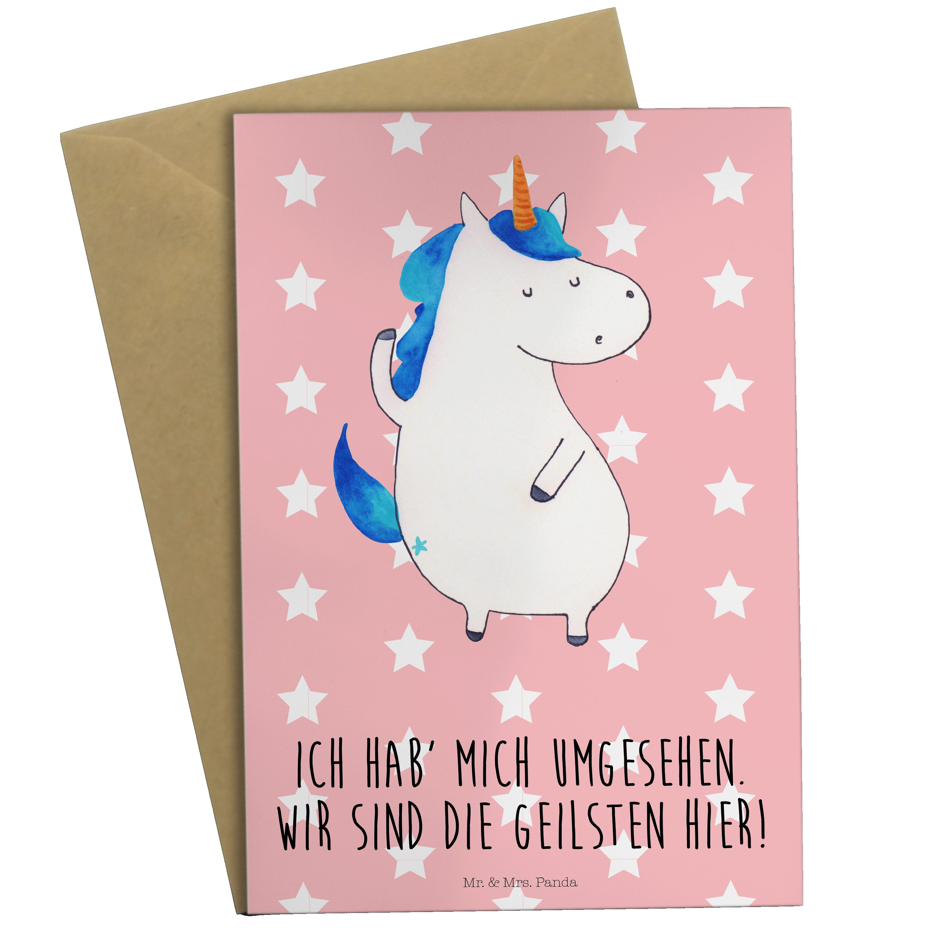 Mr. & Mrs. Panda Grußkarte Einhorn Mann - Rot Pastell - Geschenk, Klappkarte, Unicorn, bester Fr