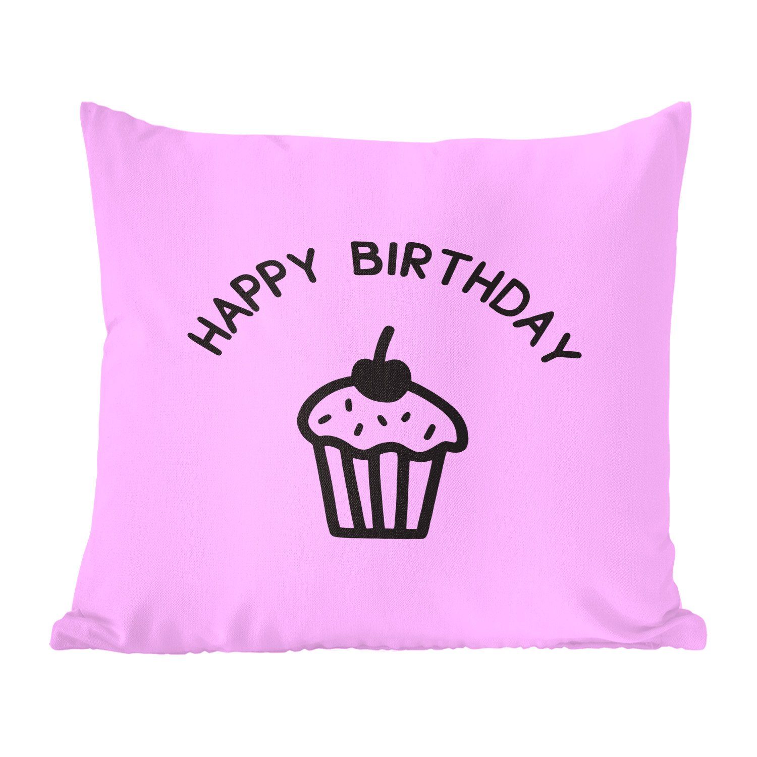 MuchoWow Dekokissen Zitat "Happy Birthday" mit einem Cupcake auf einem rosa Hintergrund, Zierkissen mit Füllung für Wohzimmer, Schlafzimmer, Deko, Sofakissen