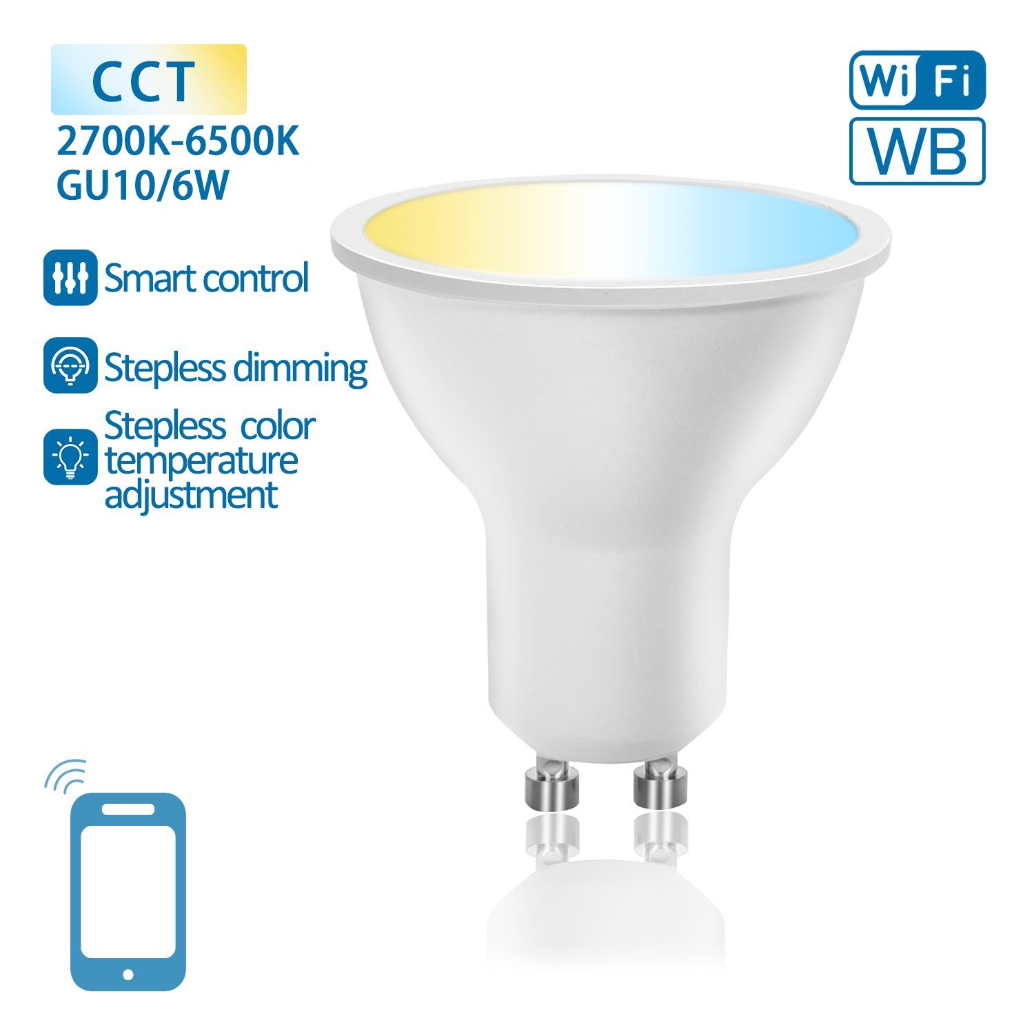 Aigostar LED-Leuchtmittel WLAN + Bluetooth 6W GU10 CCT LED Smart Home  Leuchtmittel Strahler, CCT, 6 Watt, 510 Lumen, 2700-6500K, Sockel: GU10,  App Steuerung