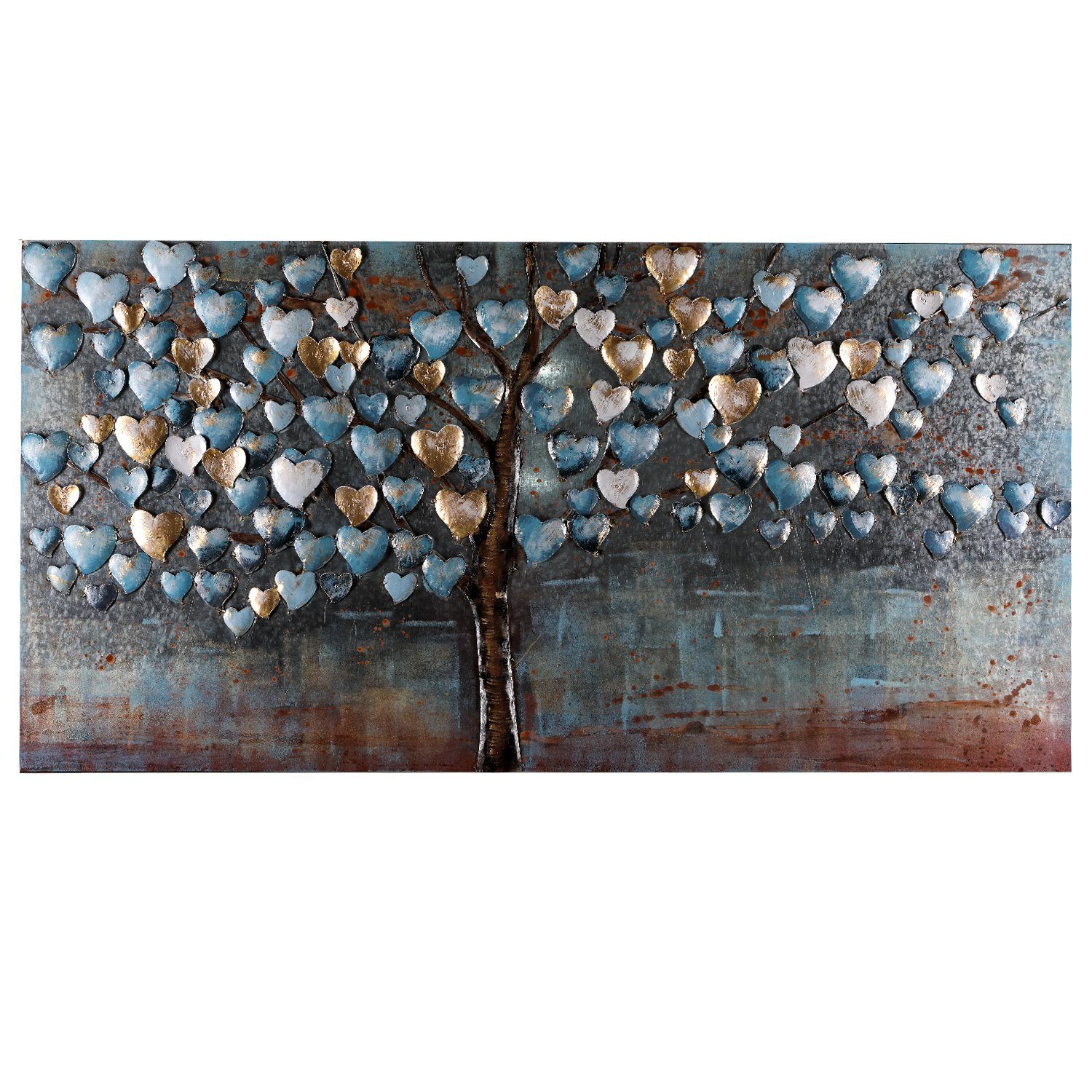 Home4Living Metallbild Wandbild Relief Unikat Bild 3D 140x70cm handgefertigt, Herzbaum, Blau, 3D-Effekt