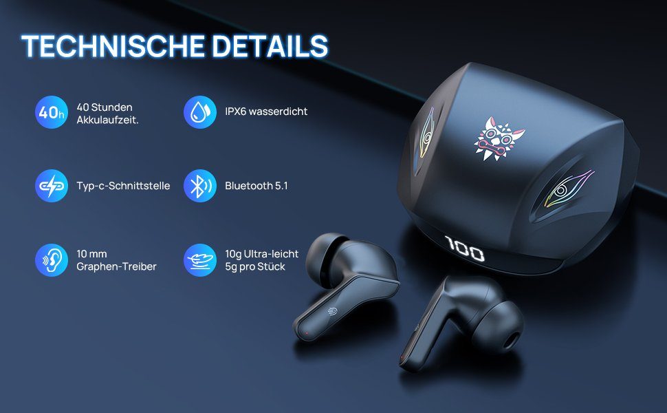 MOOHO Kabellose Kopfhörer, 2023 Neue Wasserdicht Musik-Modus) Siri, Kopfhörer Wireless Schwarz IPX6 Cancelling (ENC Bass, 40H Gaming-Modus Noise Bluetooth-Kopfhörer Wireless & Ohrhörer USB-C, Dual-Mode-Kopfhörer: LED-Anzeige Tiefer und Earbuds Sprache