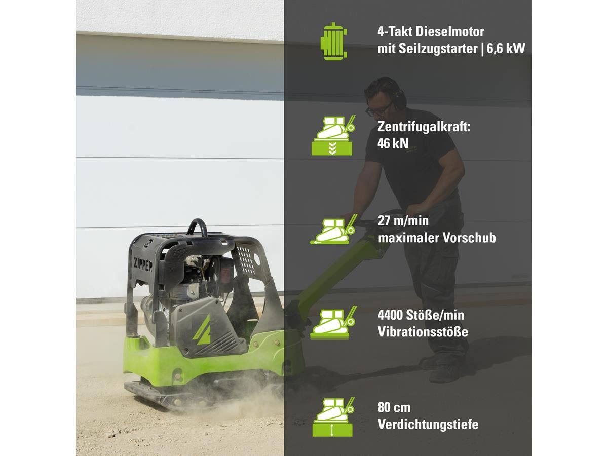 ZIPPER Rüttelplatte ZI-RPE330D, max. 4400 vpm, (LxB) 86x59.5 cm, 6,6 kW, 46 kN Verdichtungskraft, Seilzugstarter, 4-Takt Dieselmotor